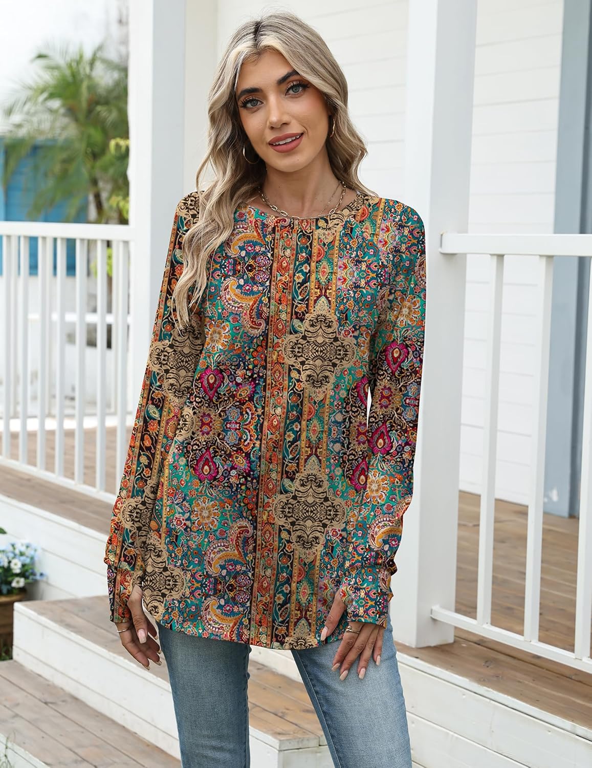 Zeagoo Women's Casual Long Sleeve Shirts Crew Neck Round Hem Loose T-Shirts Tunic Tops with Thumb Holes - Image 5