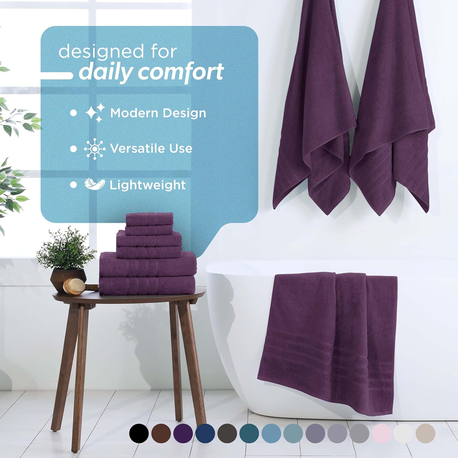 Martex 6-Piece Towel Set – Ultimate Performance – 100% Cotton – 2 Bath Towels – 2 Hand Towels – 2 Wash Cloths – Versatile – Low-Linting – Supersoft & Absorbent Bathroom Set – Easy Care – Dark Purple