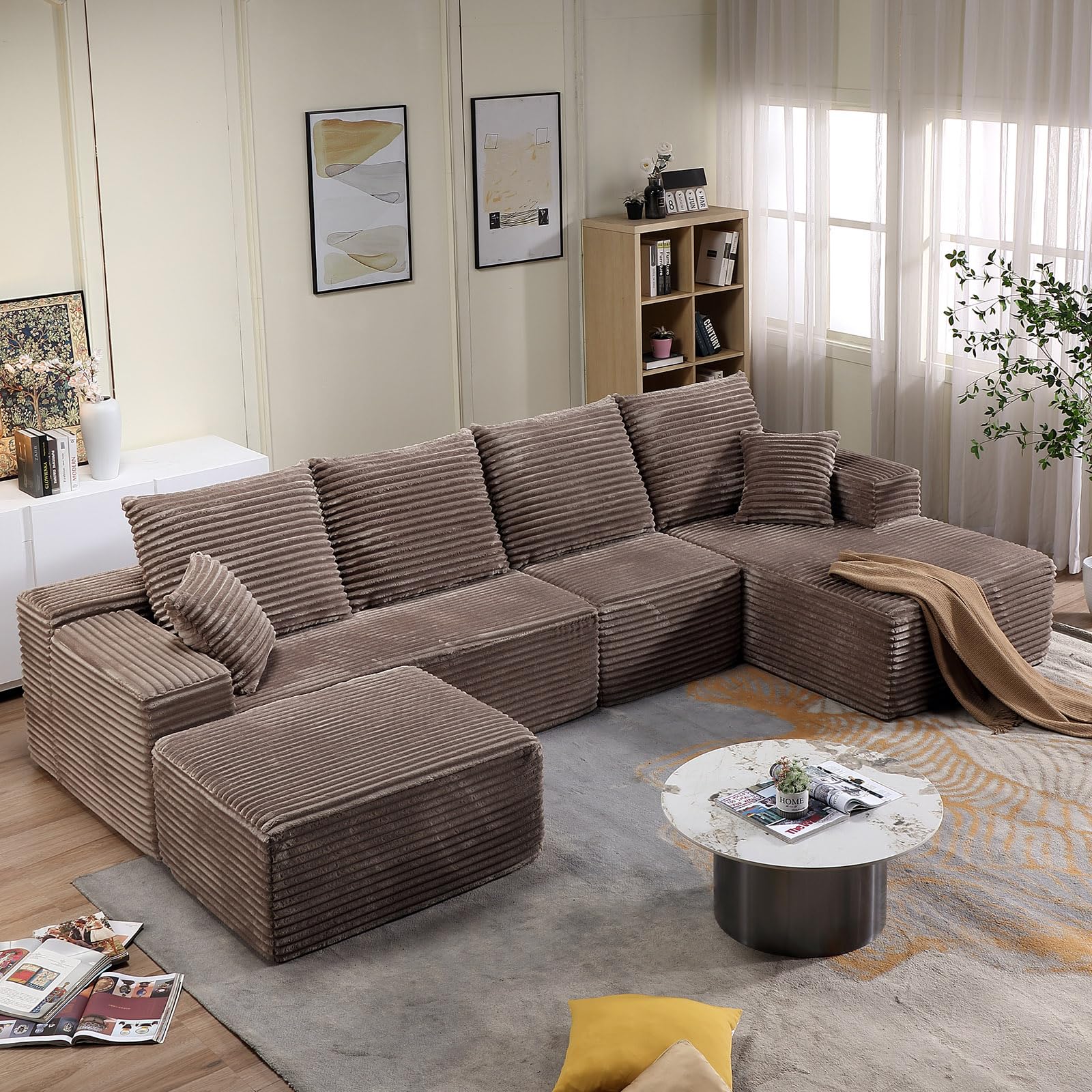135.4" Corduroy Modular Sectional Sofa with Ottoman,Modern U-Shaped Cloud Couch with Deep Seat,Comfy 4-Seater Sofa for Living Room,No Assembly (Camel,