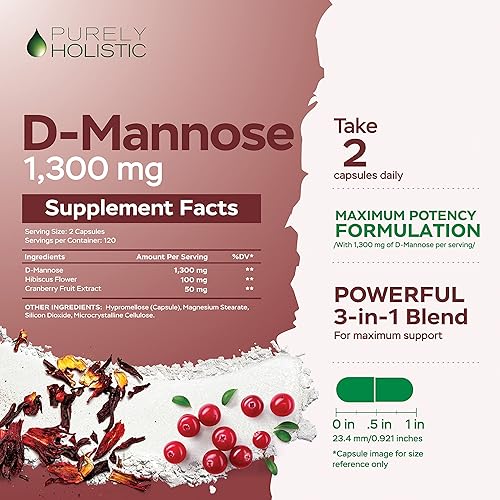 Miniatura 3 de D Manosa 1300 mg con arándano e hibisco - 240 cápsulas veganas de acción rápida - 4 meses de suministro de D-manosa - Apoyo natural para la salud