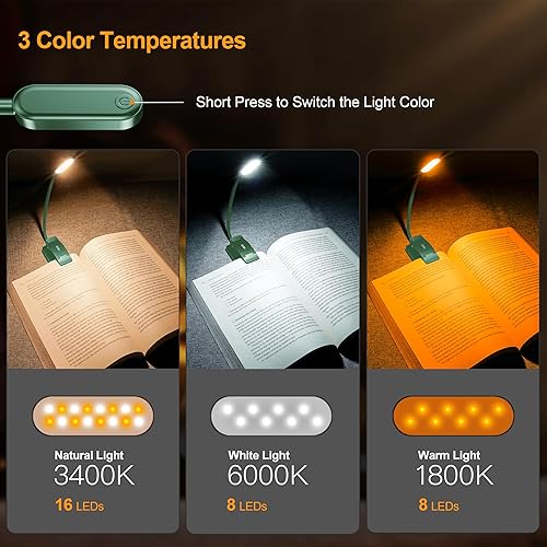 Miniatura 59 de Gritin Luz de libro recargable de 16 LED para leer en la cama, cuidado de los ojos, 3 temperaturas de color, brillo de atenuación continua, 80 horas
