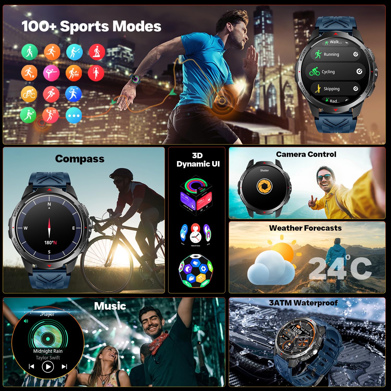 Reloj Inteligente Hombre Smartwatch con Llamada ：1.8" TFT Bluetooth Smart Watch con Linterna LED Brújula 1100mAh 3ATM Impermeable 120+Modos Deportivos Frecuencia Cardíaca SpO2 Sueño para iOS Android