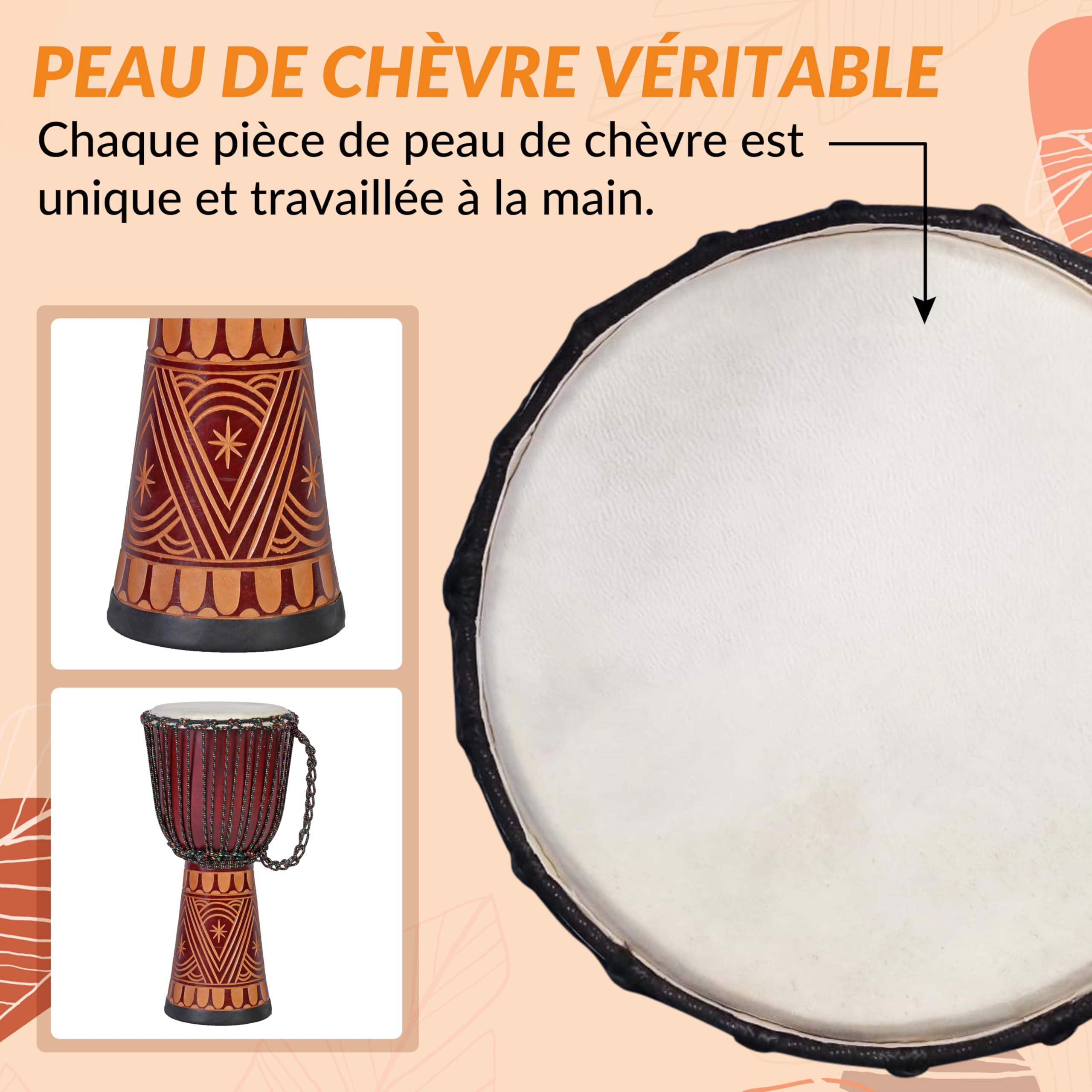 Djembe in Legno 60 cm – Tamburo Africano Artigianale con Pelle di Capra – Strumento di Percussione Bongo – Suono Forte e Chiaro