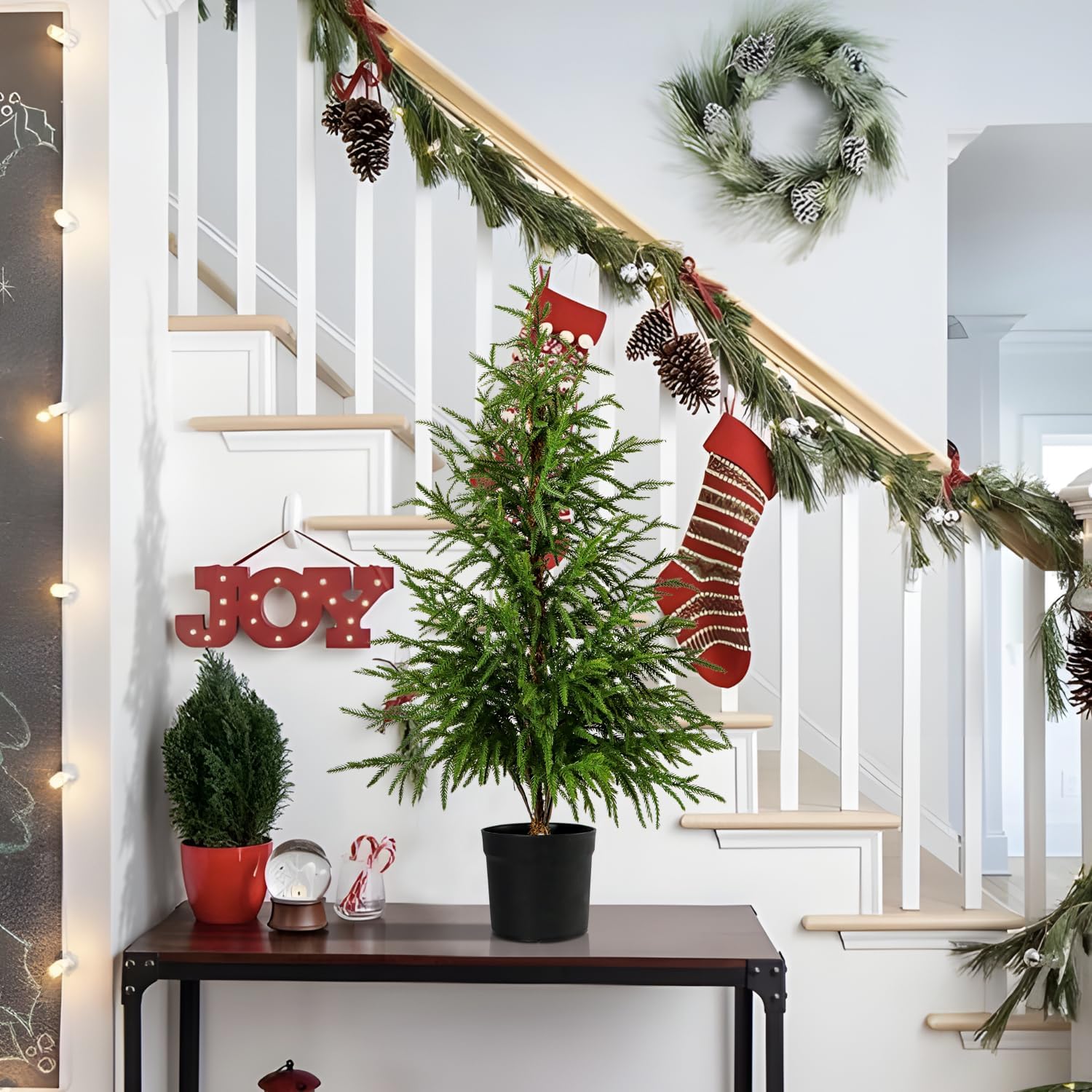 3FT Real Touch Artificial Norfolk Pine Tree Realistic Christmas Topiary Trees for Front Porch Decor Faux Shrubs Fake Greenery Potted Plants for Outdoor Indoor Home Decoration (1, Green)