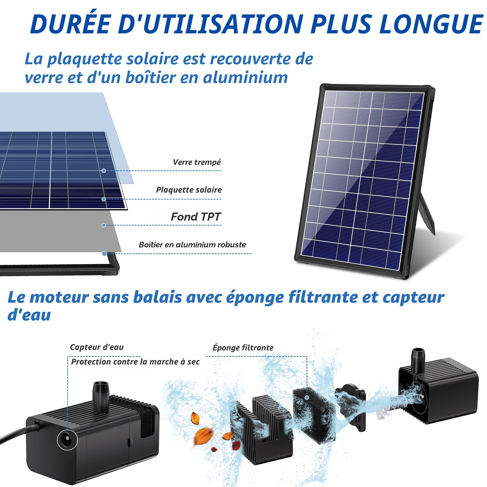 Biling Fontaine solaire pour extérieur, petite pompe de bassin solaire 8 W, avec filtre, 10 buses, pompe à eau solaire, tuyaux flottants, bricolage, jeu d'eau solaire pour fontaine, étang