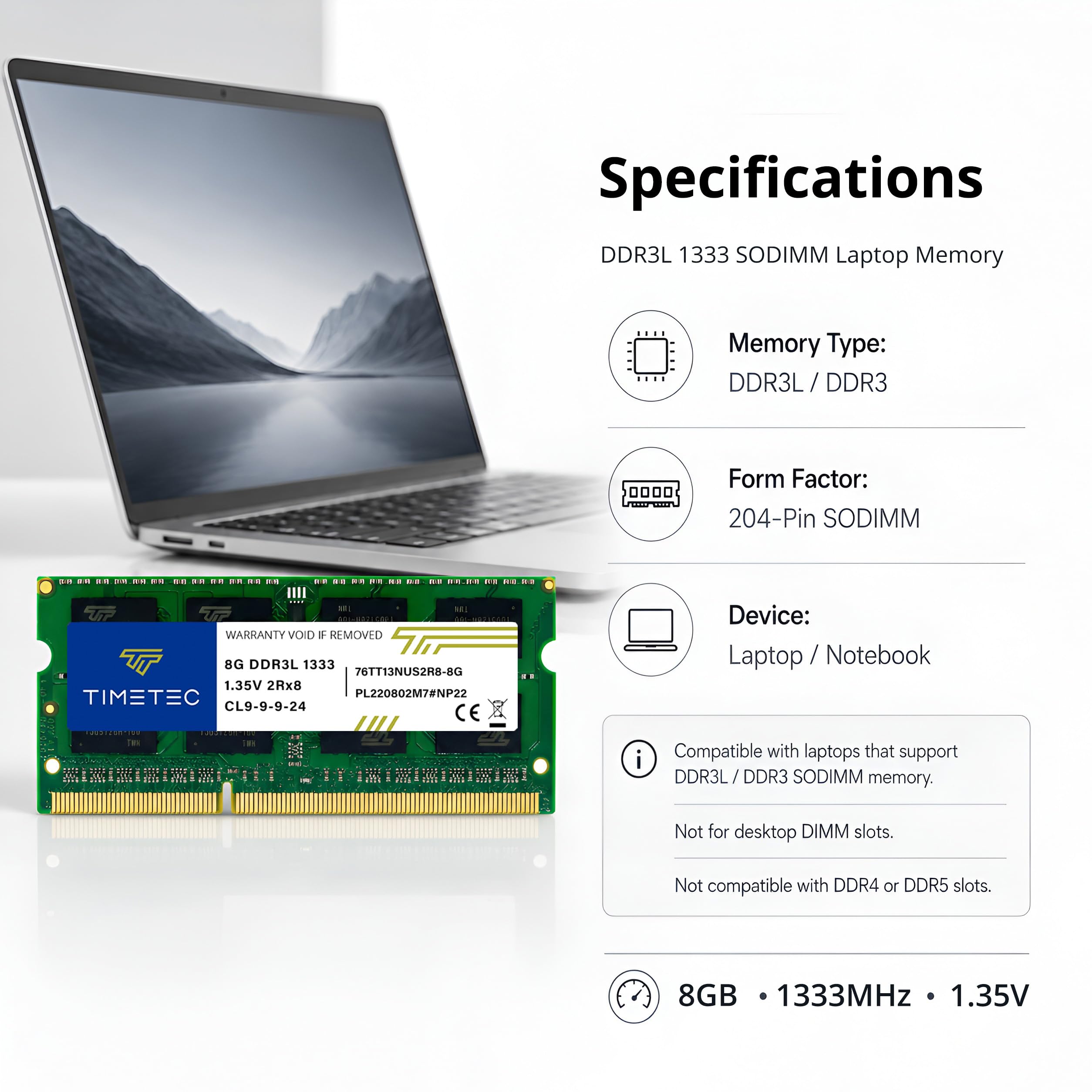 Timetec Zestaw 16 GB (2 x 8 GB) DDR3L 1333 MHz PC3-10600 bez ECC niebuforowany 1,35 V CL9 2Rx8 podwójna ranga 204-pinowy SODIMM laptop notebook PC pamięć RAM moduł aktualizacja (zestaw 16 GB (2 x 8 GB