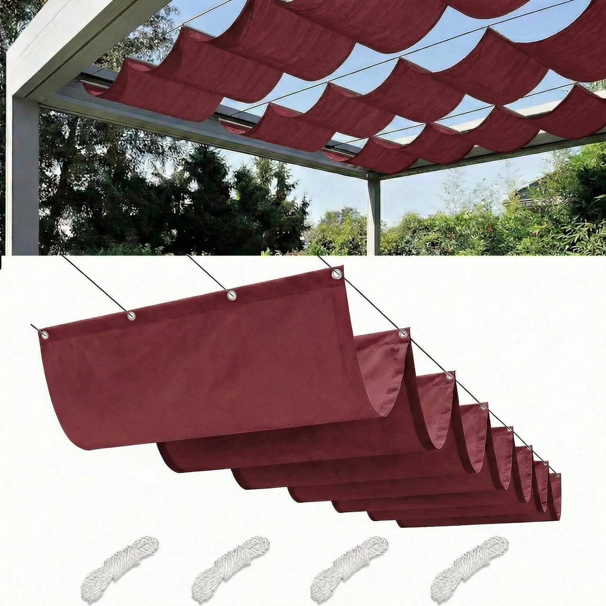 Retractable Wave Sun Shade Sail Waterproof Pergola Cover 95% UV Protection Outdoor Awning Canopy with Ropes for Patio Garden Deck Porch BBQ Shelter Privacy Screen Summer(Wine Red,5x3.5M(L x W)) — image 1