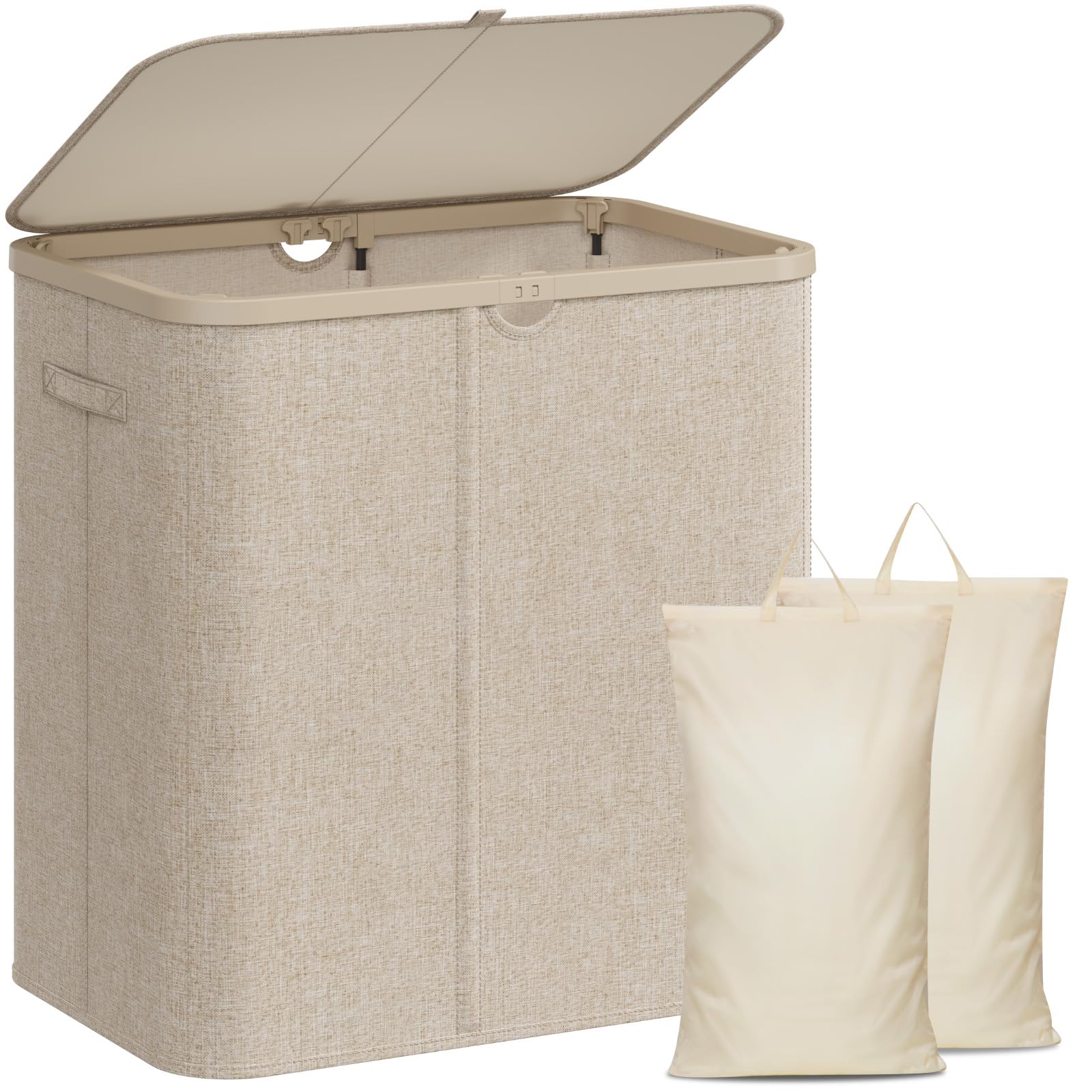 Lifewit 140L Wäschekorb mit Deckel und 2 Fächern, Beige | Großer faltbarer Wäschesortierer mit herausnehmbarem Wäschesack und Tragegriffen für Schlafzimmer, Bad und Waschküche