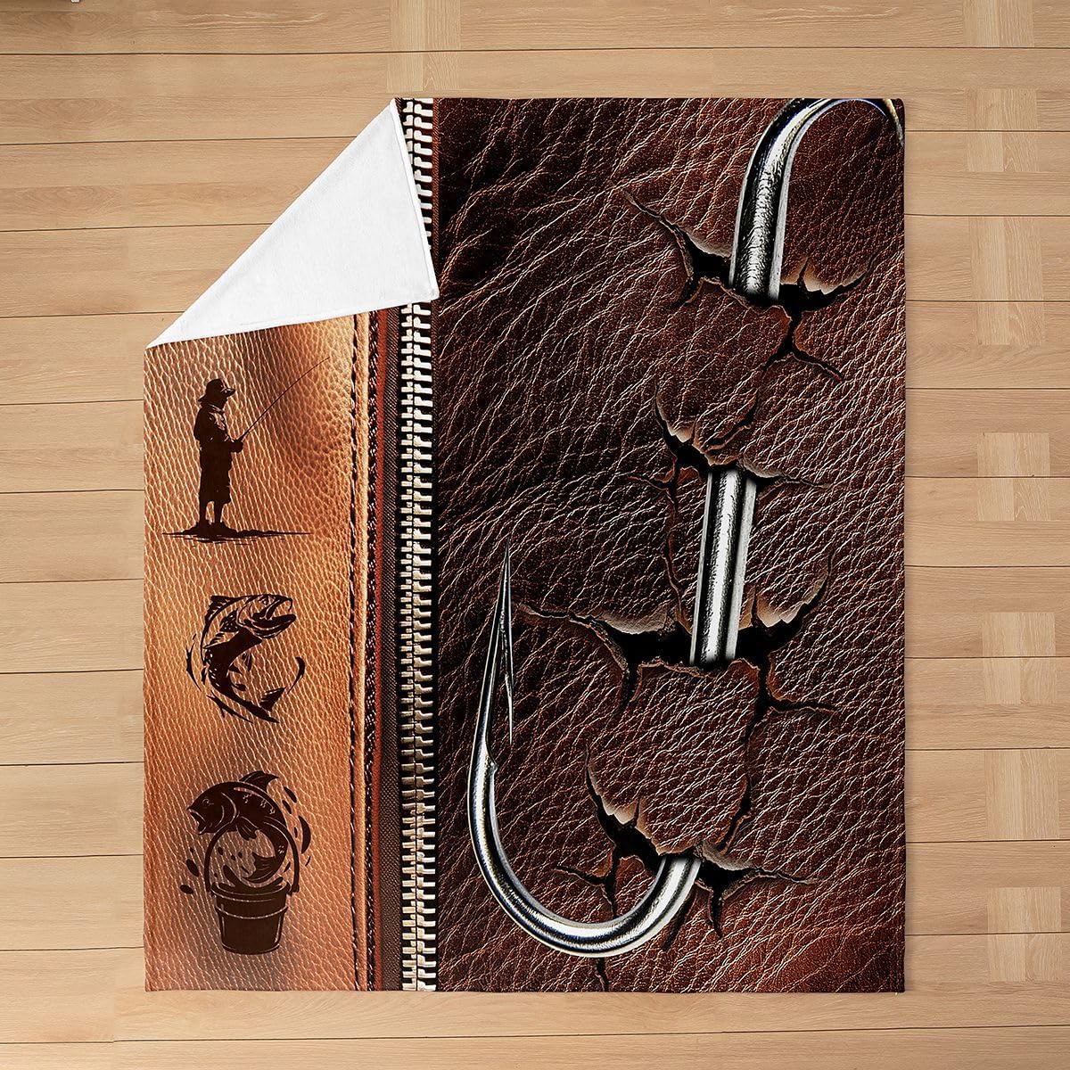 Erosebridal Fishing Blanket Queen 90x90 Simulated Cowhide Pattern Flannel Blanket for Bed Sofa Crib Microfiber Pike Fish Bedroom Decor Lakeside Fish Hook Fuzzy Plush Throw