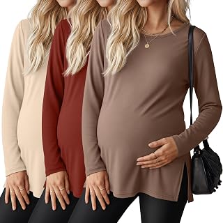 Riyiper 3 Pack Women Maternity Shirts Long Sleeve Pregnancy Tops | Crewneck Side Split Pregnancy Clothes, Loose Pregnant Mama Workout Tops,Fall Fashion Maternity Outfits, Casual Winter Wear