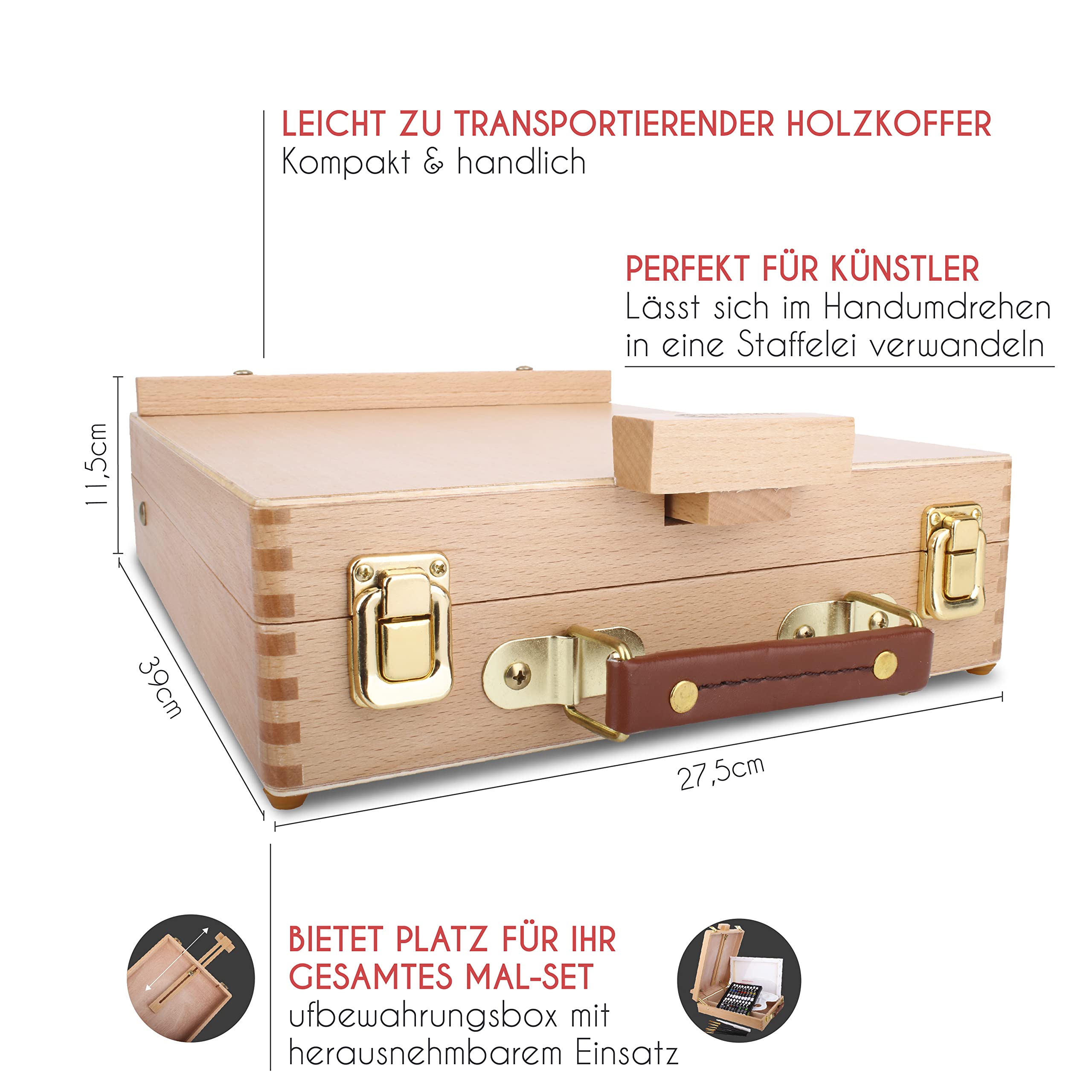 Acrylfarbe Set für Künstler 34-teilige - mit Malkoffer für Erwachsene aus Holz, Staffelei 24 Tuben Acrylfarben, 6 Malpinsel, Leinwand, Spachtelmesser und Mixpalette