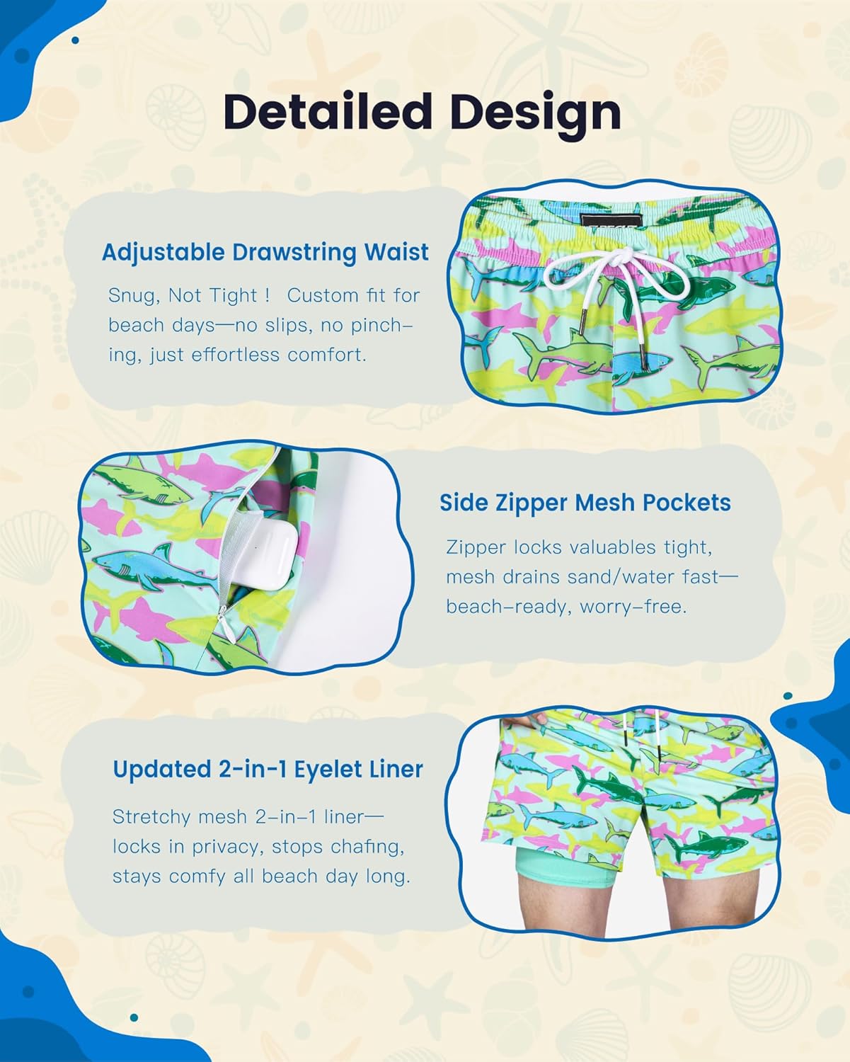 SURF CUZ Mens Swim Trunks with Compression Liner Quick Dry Swim Shorts Swimming Trunks 2 in 1 Bathing Suit Zipper Pockets - Image 5