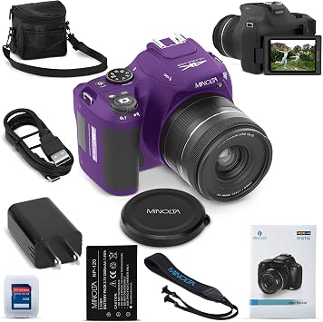 Minolta 64MP Digital Camera 10x Optical Zoom, 4K Ultra HD Video, Macro Shooting, Anti-Shake, 3-inch LCD Screen, Face Detection Includes 32GB SD Card, Battery & Case Purple