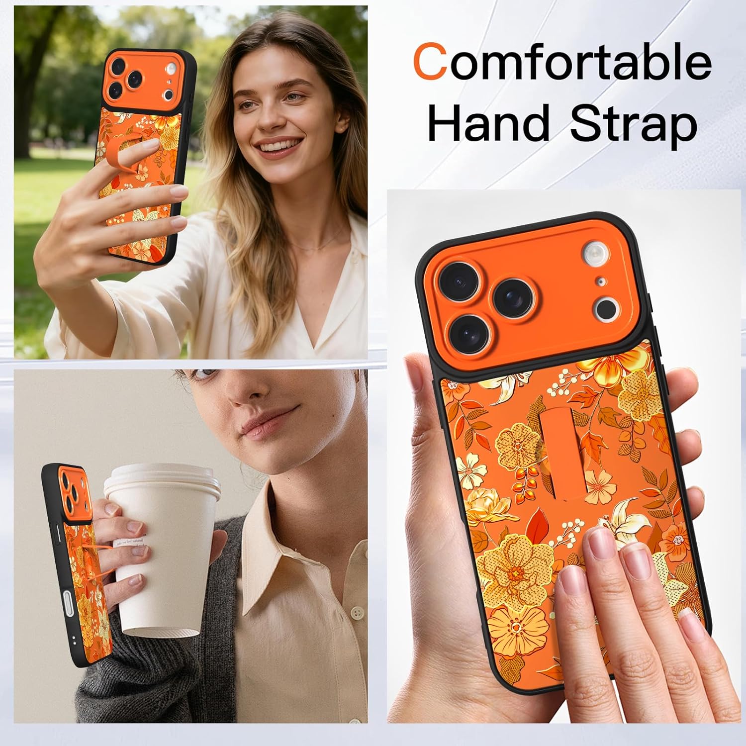 ZIYE for iPhone 17 Pro Max Case with Finger Strap Holder, Cute Cool Flower Floral Print Pattern Design for Women Girls, Shockproof Anti Scratch Hand Kickstand Protective Cover, Orange