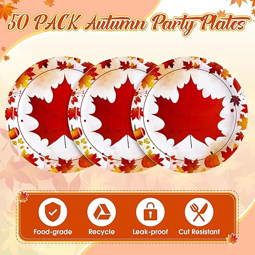 Miniatura 4 de 50 platos de papel de otoño de 9 pulgadas, platos de calabaza de Acción de Gracias, hojas de otoño, platos desechables para suministros de fiesta de