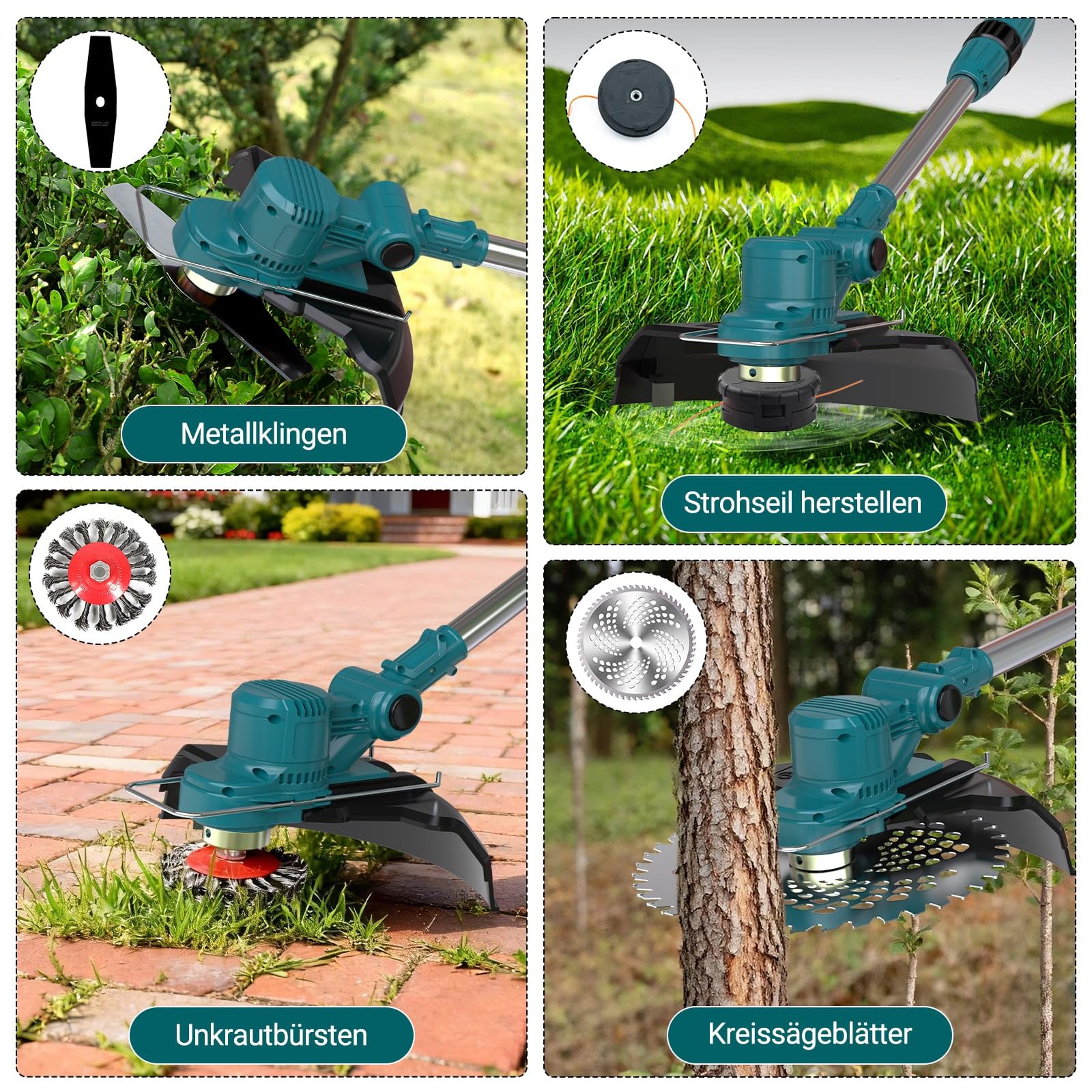 Akku Rasentrimmer für Makita Akkus, Rasentrimmer mit Akku 21V, Rasentrimmer mit Unkrautbürste, Freischneider Akku - Inkl. 2 X 4.0Ah Batterie & Ladegerät, 750W Bürstenloser Motor (Blau)