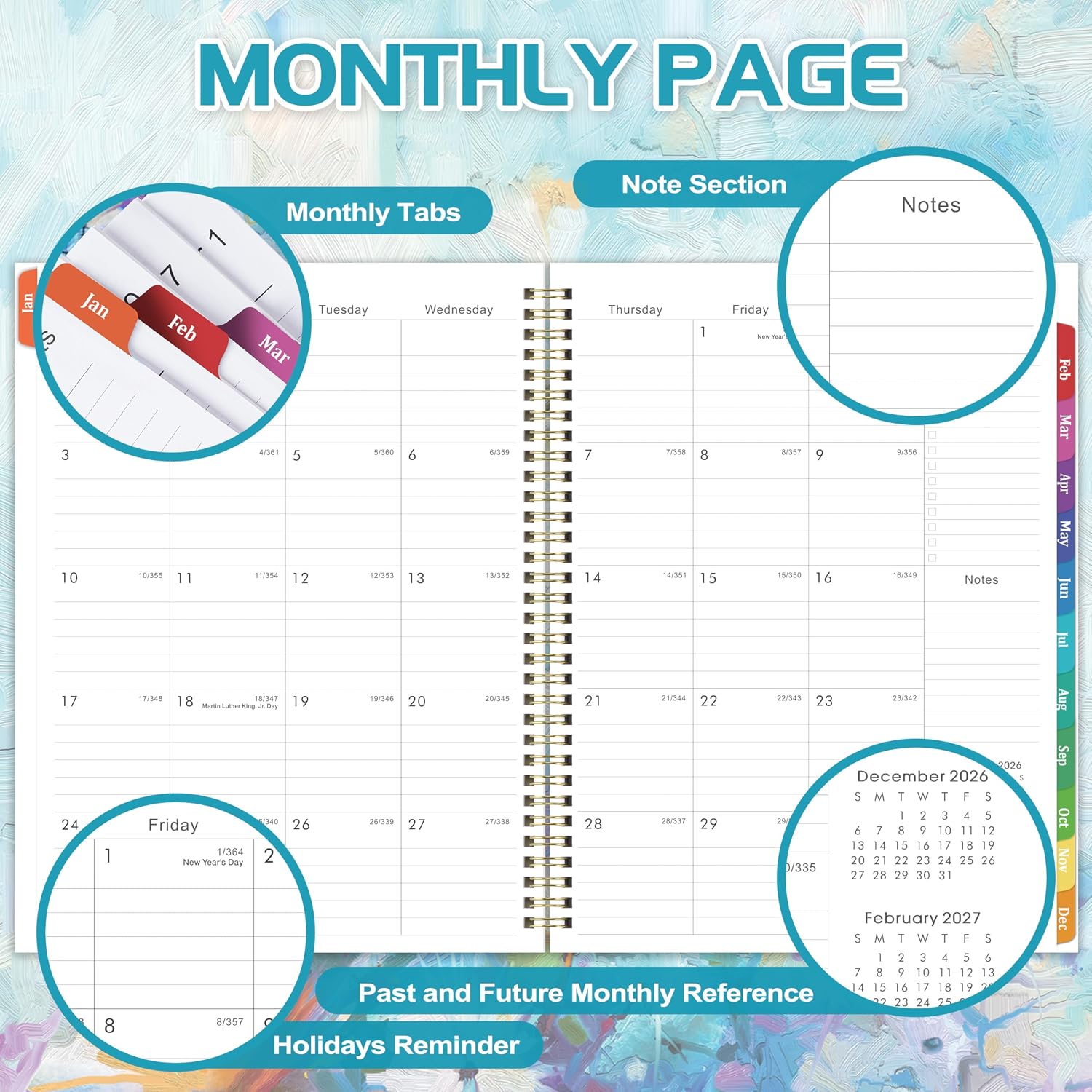 MaaIbok 2027 Planner - 2027 Weekly and Monthly Calendar, Jan 2027 - Dec 2027, 8.5" x 11", Calendar Planner with Colorful Monthly Tabs, Twin-wire Binding, Holidays, Back Pocket, Organization for Office, Home or School image 3
