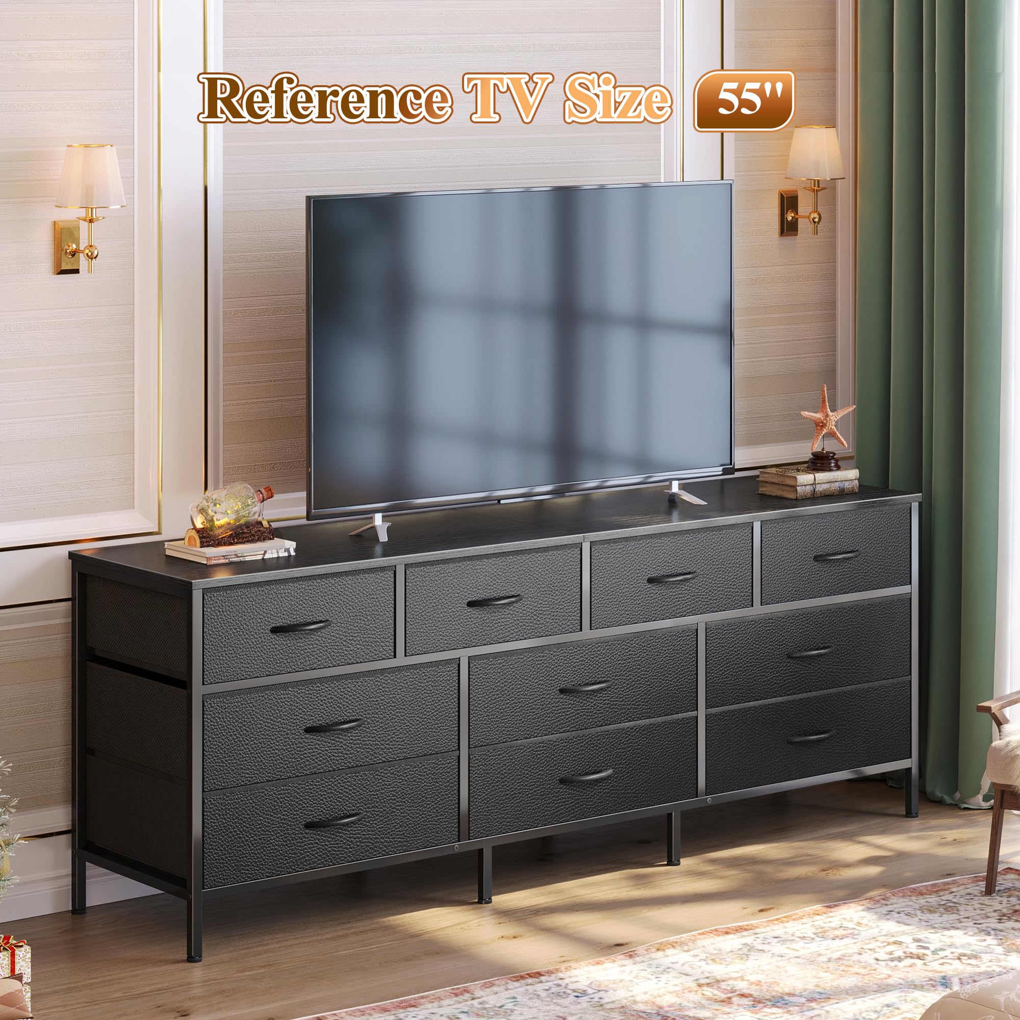 Huuger Mobile TV da 63 pollici per camera da letto, comò lungo con 10 cassetti in tessuto, supporto TV per TV da 55, 65, 70 pollici, centro intrattenimento, ampia cassettiera, nero