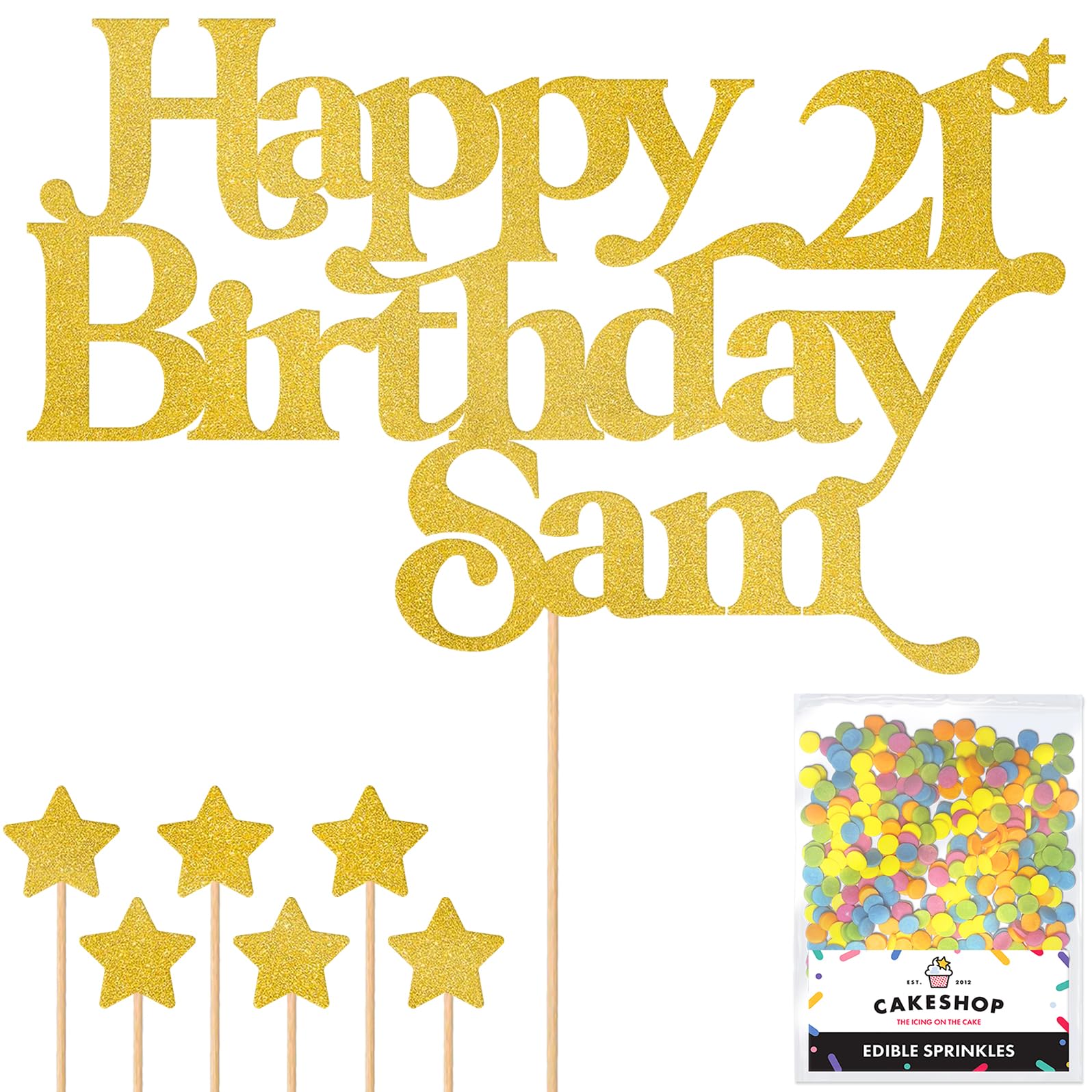 Personalised Happy Birthday Glitter Cake Topper - Gold Any Name & Any Age Glitter Cake Decoration and Sprinkles - Happy Birthday Decorations - Personalised Toppers for Cakes by Cakeshop