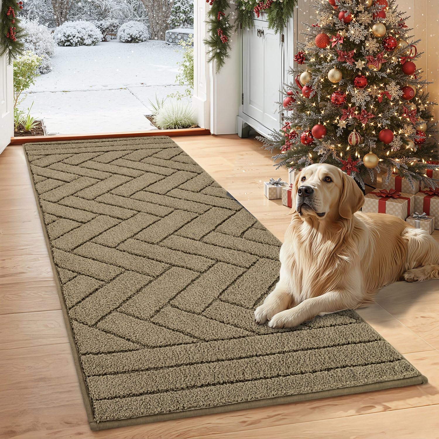 Tindbea Dog Mat for Muddy Paws,Absorbs Moisture Dirt Non-Slip Washable Mud Mat for Dogs,Soft Rubber Backing Front Inside Pet Rug for Entryway, Mud Dog Paws, Patio(24"x59",Light Taupe) 24"x59" Light Taupe
