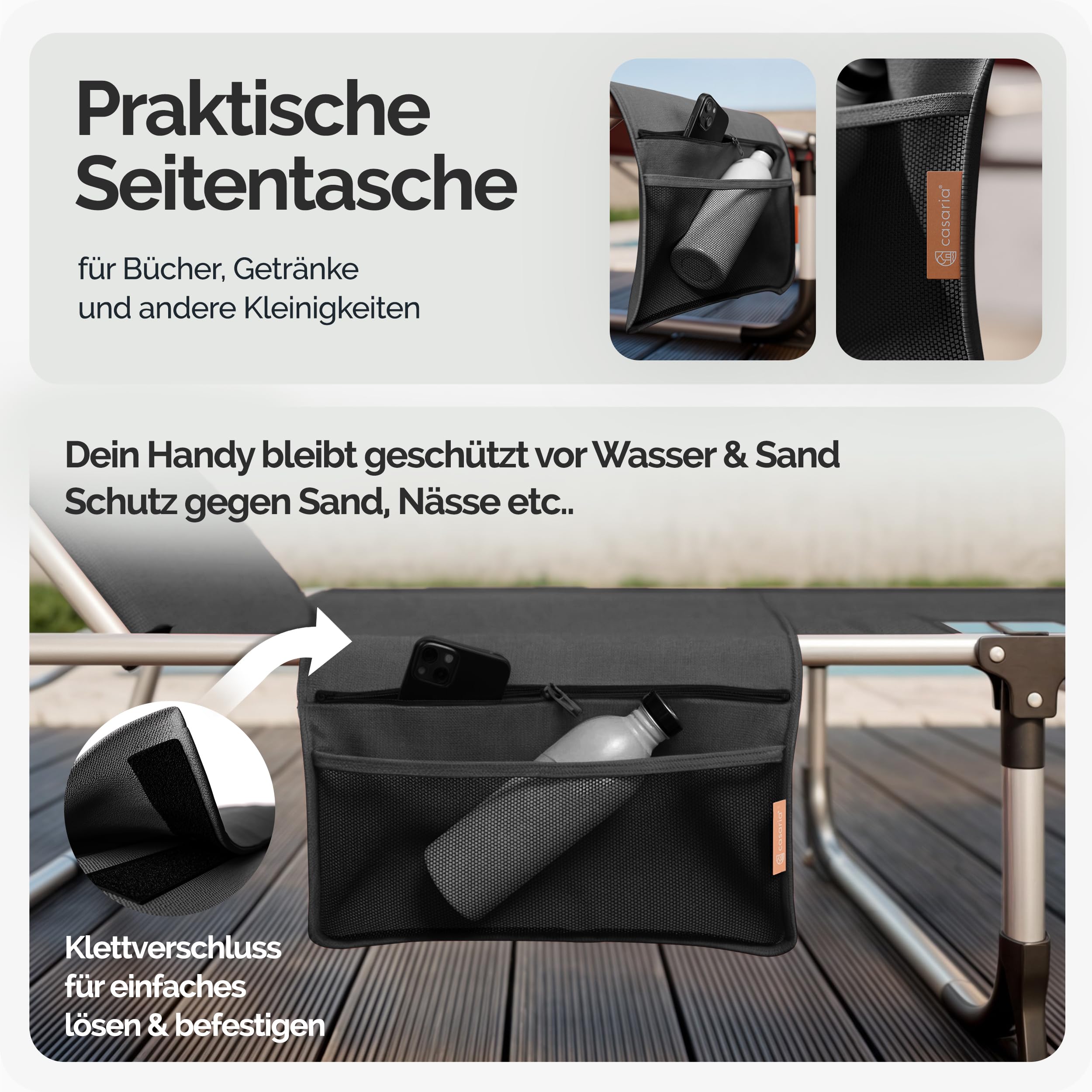 Casaria 2X Sonnenliege Klappbar mit Sonnendach Grau | 210x61cm, Wetterfest, Aluminium, Garten, Terrasse, 180 kg belastbar, Liegestuhl, inkl. Kissen, Seitentasche, Strandliege