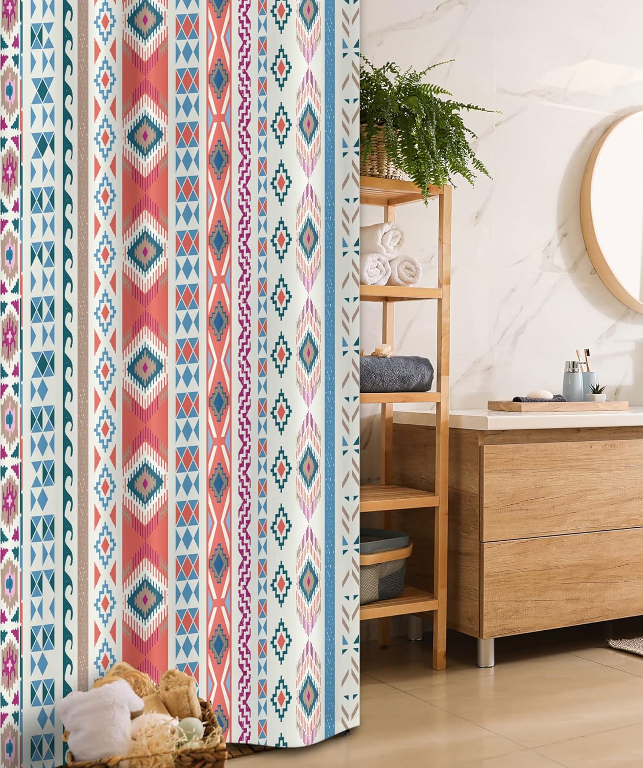 Ambesonne Tribal Stall Shower Curtain, Geometric Motifs Pattern Vertical Striped Background Design, Fabric Bathroom Decor Set with Hooks, 36" W x 72" L, Multicolor Coral Off White