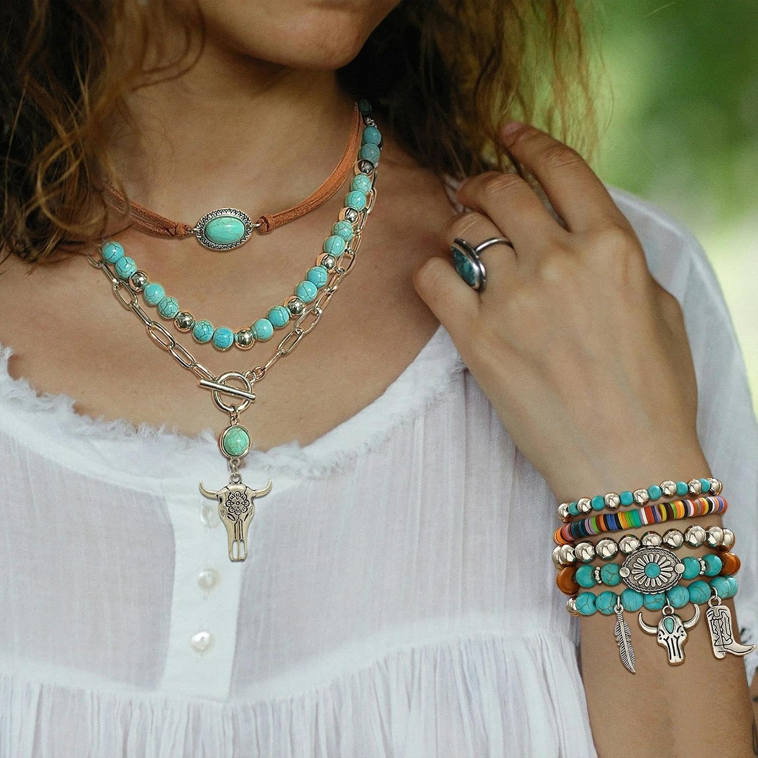 2 Pcs Multi-Layered Western Necklaces Bracelets Jewelry for Women Turquoise Beaded Concho Choker Ox-Head Pendant Necklace Stacked Cowgirl Bracelets Cowboy Chic Country Concert Outfits
