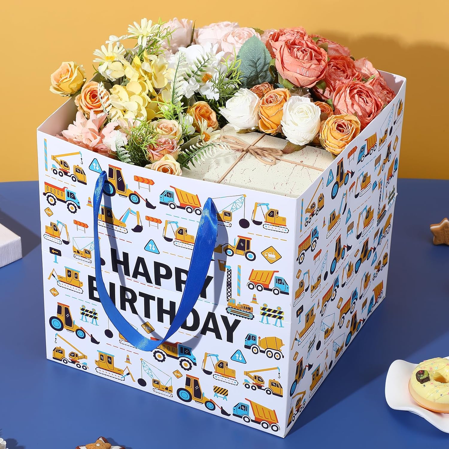 Extra Large Construction Birthday Gift Bags, Vehicle Truck Square Gift Bag with Tissue Paper Engineering Vehicles Excavator Design Jumbo Gifts Bag for Boy Kids Birthday Baby Shower Party Favors image 2