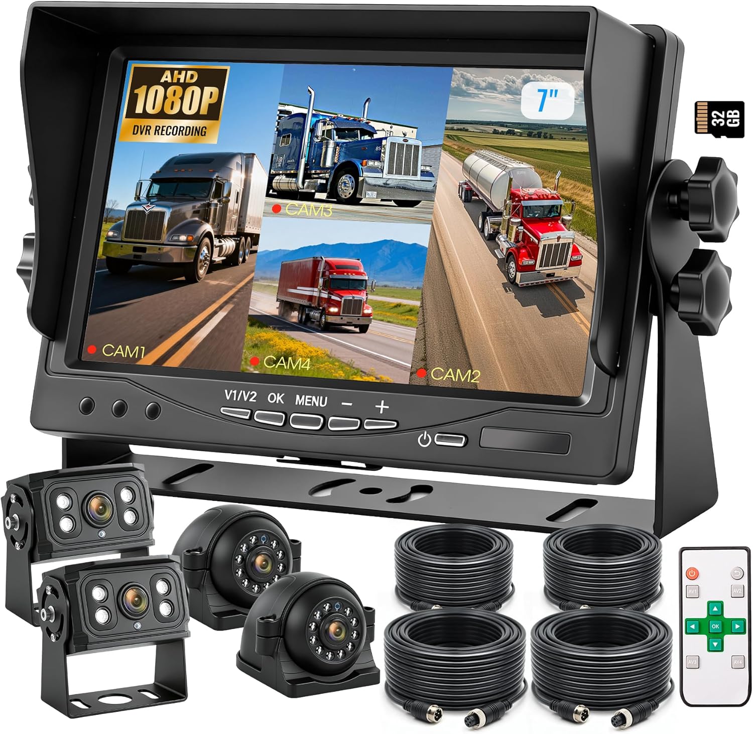 4-Wired Backup Camera System, 7" DVR Quad Screen Rear Side View Cameras, IP69 Waterproof IR Night Vision, 20G Vibration-Proof for Trailer/RV/Tractor/Combine/Skid Steer/Van/Heavy Equipment, Y2