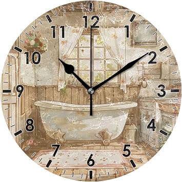 Silent Non-Ticking Vintage Bathtub Bathroom Round Wall Clock Battery Operated Easy to Read Decorative Wall Clock for Kitchen Bedroom Bathroom Living Room Classroom Black