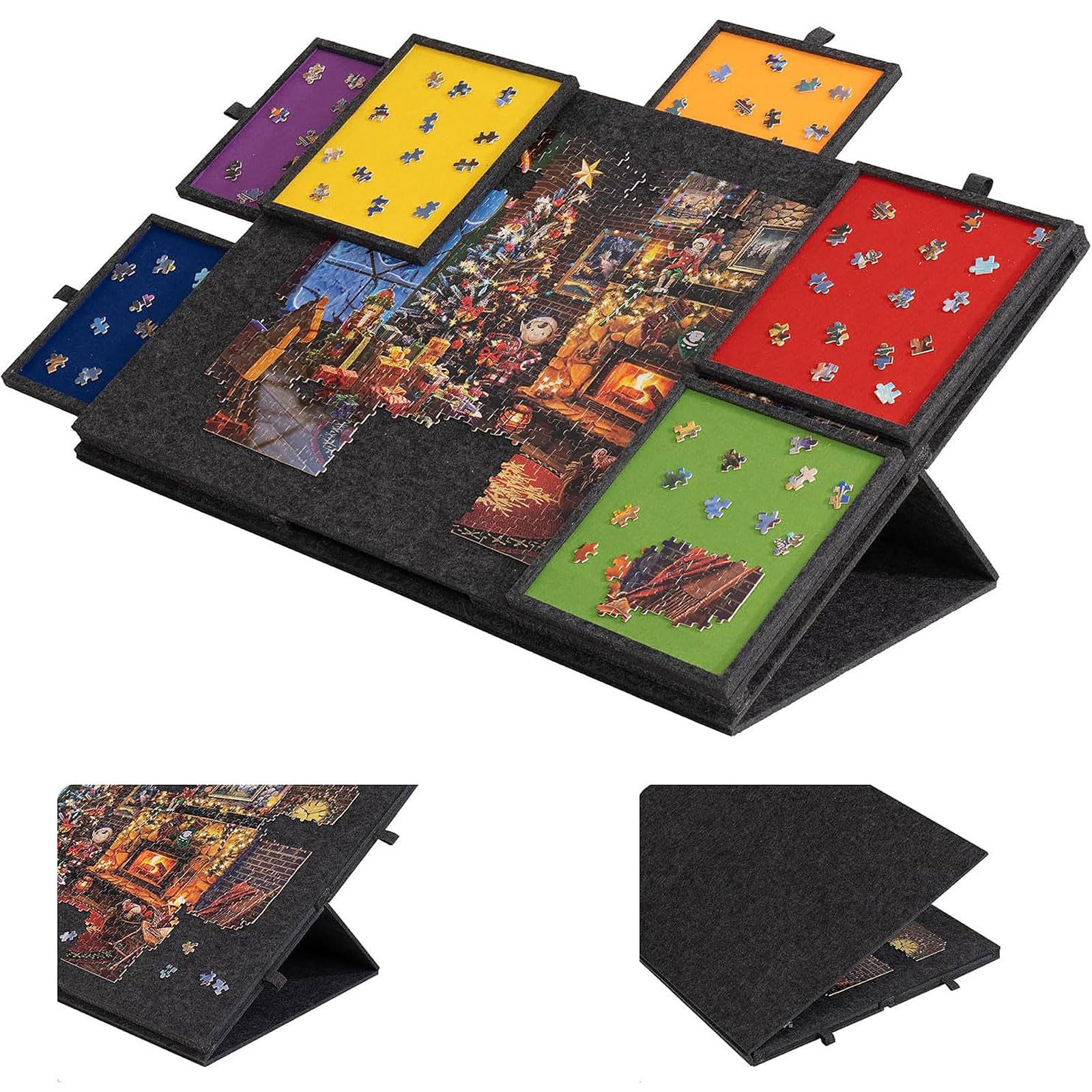 Plateau de Puzzle Inclinable,Table À Puzzle 2-en-1 Pliable avec 6 Tiroirs,Étui de Rangement Léger en Feutre avec 6 Tiroirs,Facile à Ranger,Antidérapante,pour jusqu'à 1000 à 2000 pièces