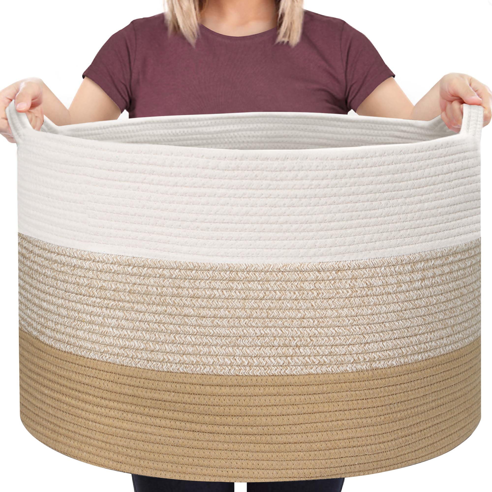 MEGASKET Extra Large Storage Basket, 22” X 22” X 14” Blanket Basket Living Room, Kids Toy Box Organizer, Woven Cotton Rope Baskets for Storage, Soft Dog Toy Bin, Wicker Pillow Blanket Holder