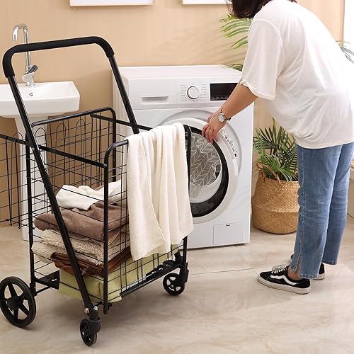 Miniatura 7 de Carrito de compras de comestibles 396 libras de gran capacidad, extra plegable con doble cesta, carrito plegable jumbo con cubierta de espuma