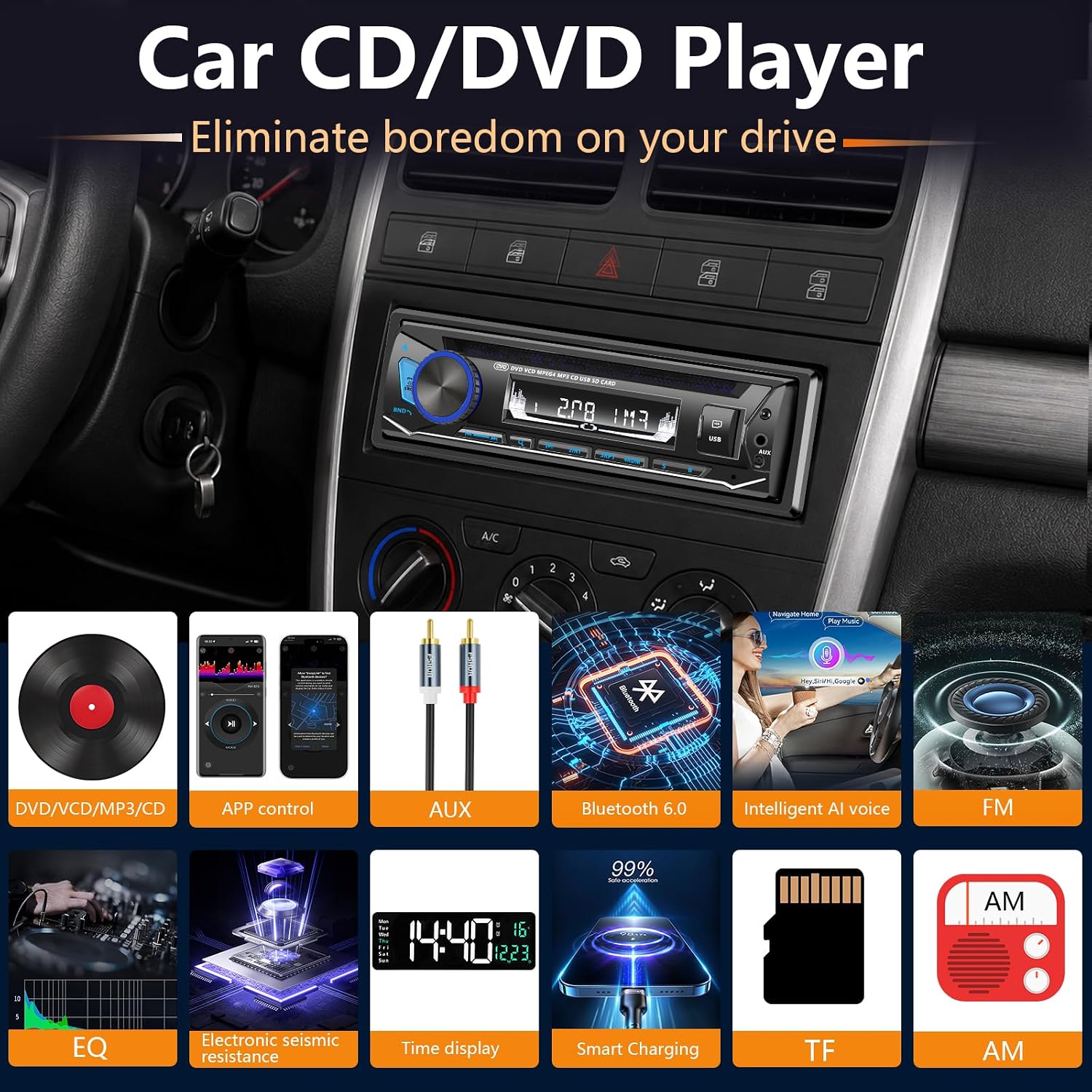 Single Din Car Stereo with CD DVD Player,Bluetooth Car Radio 4x60W High Power Output, FLAC Lossless Audio, AM/FM RDS Radio, USB/SD Card/AUX-in, APP & Remote Control(Black)