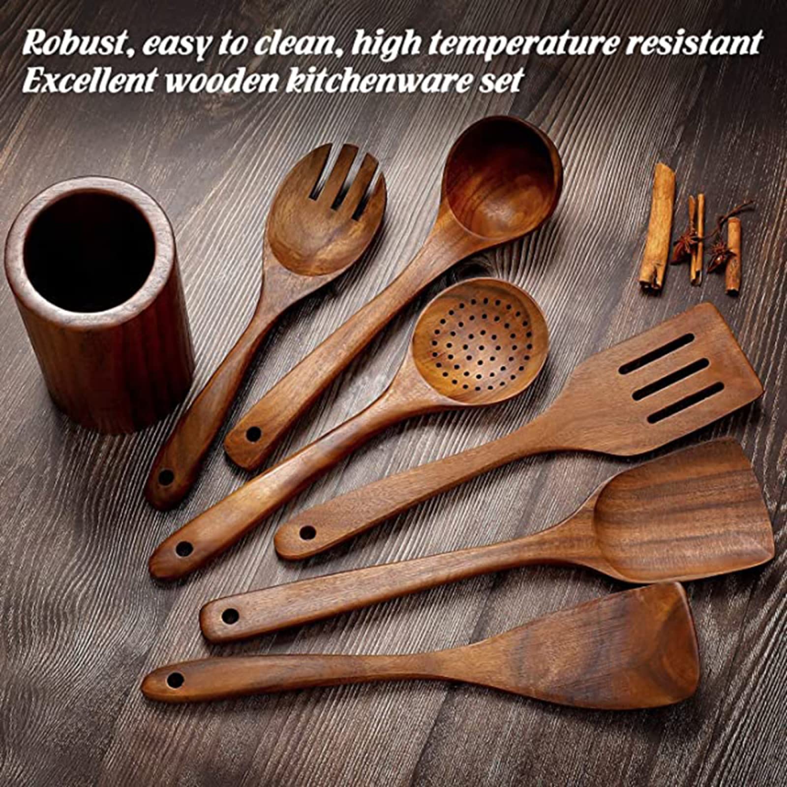 Set Utensili Da Cucina In Legno Di Acacia WARMKEY - 9 Pezzi Di Accessori Naturali Anti Graffio Per Padelle Antiaderenti - Leggeri E Resistenti Al Calore