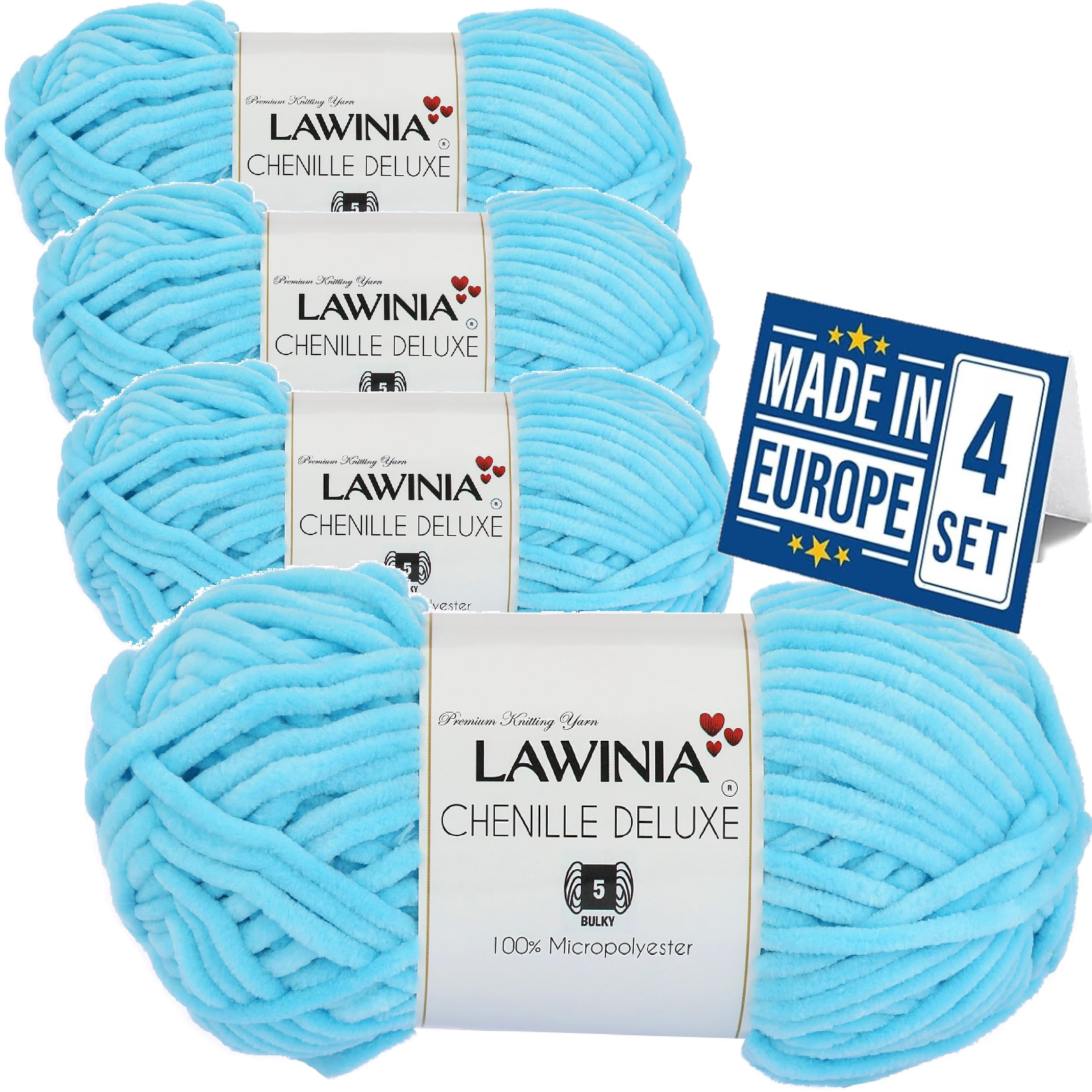 LAWINIA - Chenille Deluxe Soft Chunky Yarn Set of 4, 120m Oeko-TEX Certified Velvet Yarn, Plush for Crochet, Thick Wool for Knitting, Fluffy Chenille