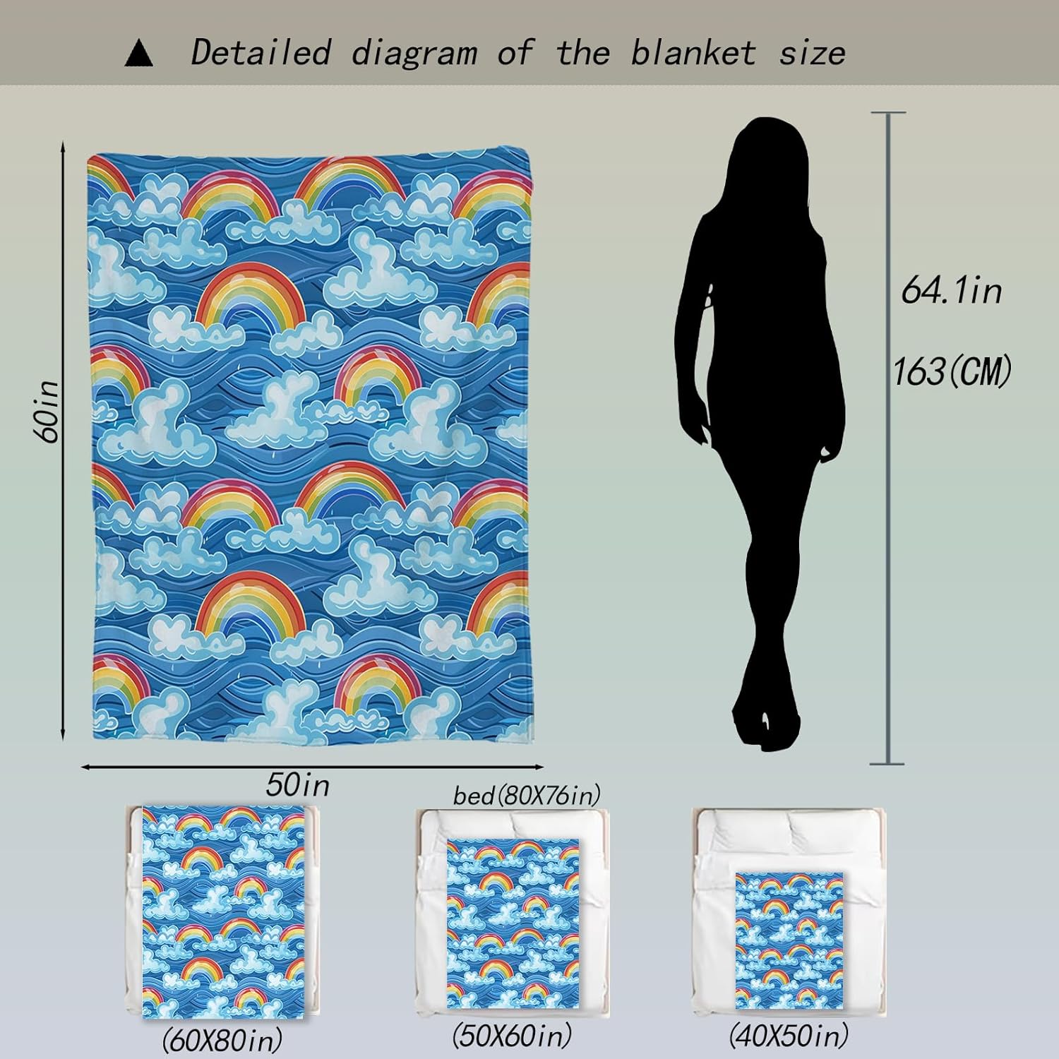 Colorful Rainbow Throw Blanket 50x60 in, Fluffy Cloud Design Blankets for Couch Bedroom Living Room Indoor Decor, Lightweight Soft Cozy Bedding Birthday Gift for Kids Boys Adults