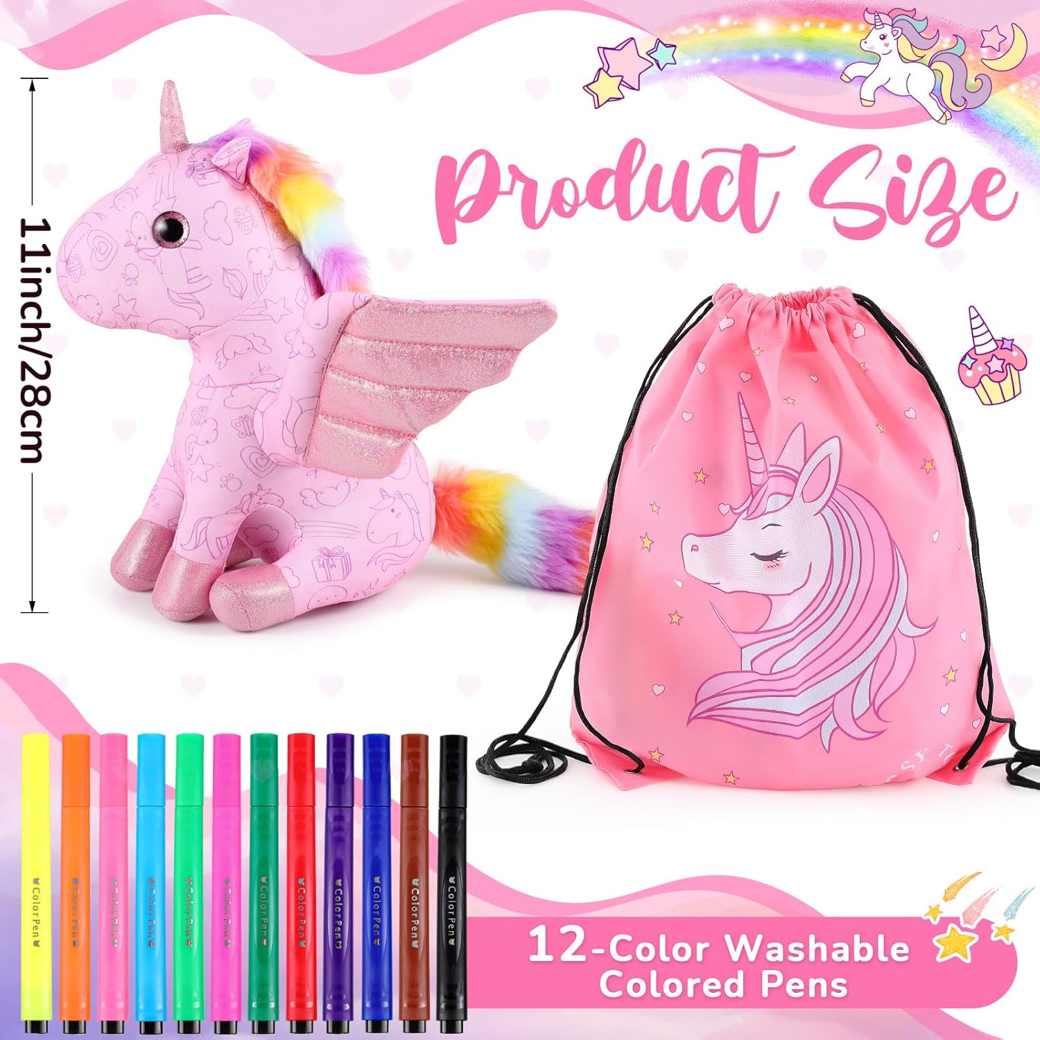 Realspring 11" Coloring Unicorn Plush Toy with 12 Washable Marker for Little Girl DIY Coloring Unicorn Stuffed Animal Toy Soft Doodle Doll Art and Craft Painting for Kids Birthday Gift School