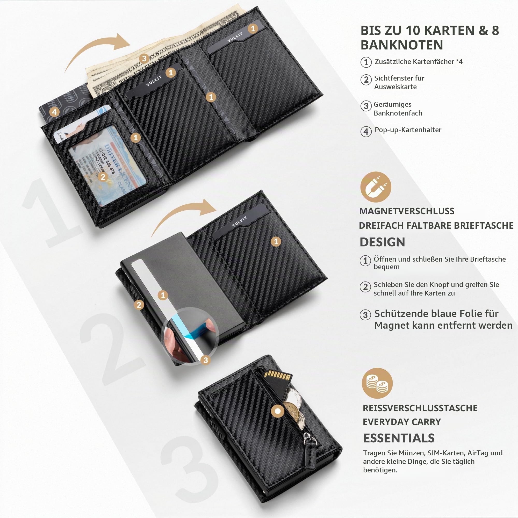 VULKIT Kreditkartenetui RFID-blockierende Pop-Up-Kartentasche aus Echtem Leder mit Geldscheinfach, Ausweisfenster, Münzfach und Magnetverschluss