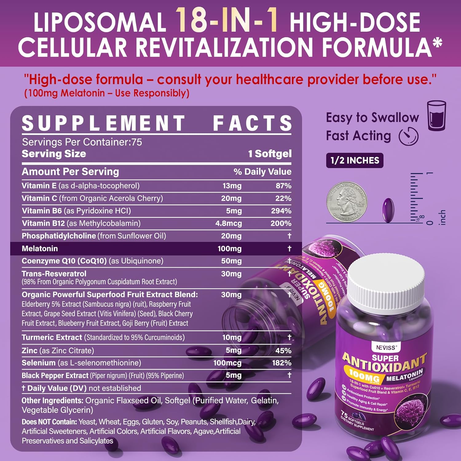 Melatonin 100mg for Antioxidant & Cognitive Health, Ultra High Dose Melatonin with CoQ10, Turmeric, Trans-Resveratrol, Vitamin B12 C E for Brain Anti-Aging, Cellular Repair and Energy, 150 Softgels