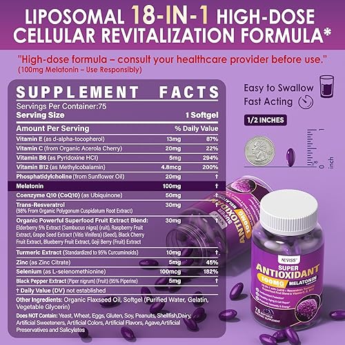 Miniatura 2 de Melatonin 100mg for Antioxidant & Cognitive Health, Ultra High Dose Melatonin with CoQ10, Turmeric, Trans-Resveratrol, Vitamin B12 C E for Brain