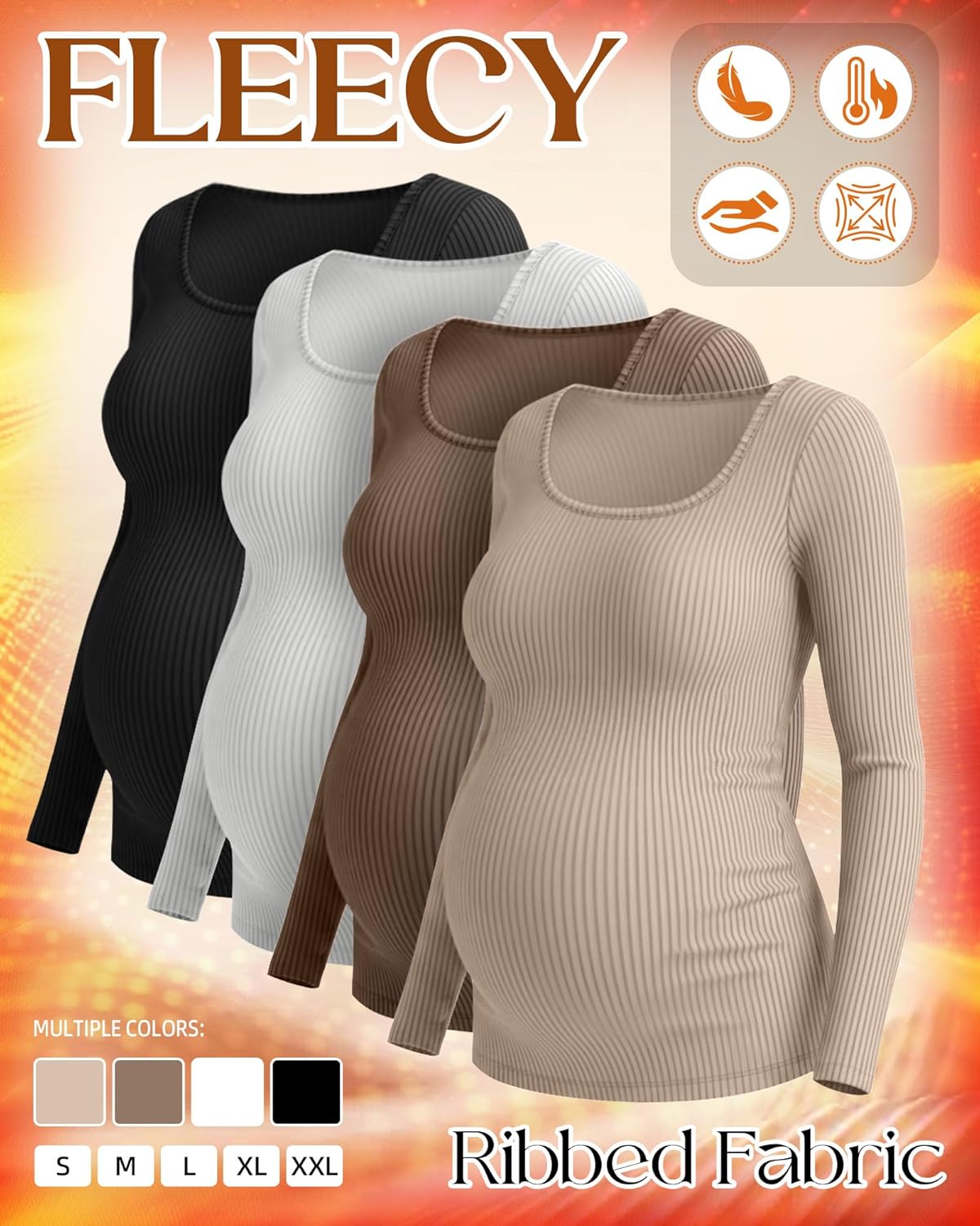 4 Pack Womens Maternity Thermal Shirts Fleece Lined Slim Fit Ribbed Knit Pregnancy Top Scoop Neck Long Sleeve Shirt - Image 3
