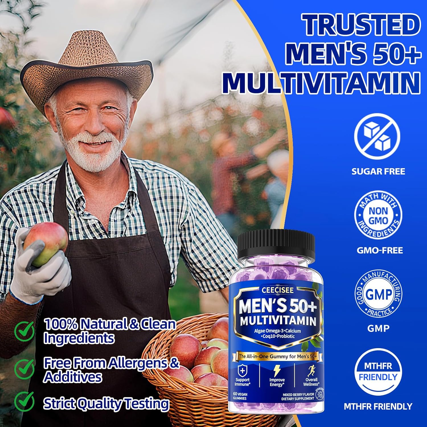 Methylated Multivitamin for Men Over 50: Daily Mens Multivitamins Gummies with Omega Probiotic Magnesium Zinc Vitamins D3 B12 - Energy Immune Support No Iron Vitamins Gummy for Men(120Count)