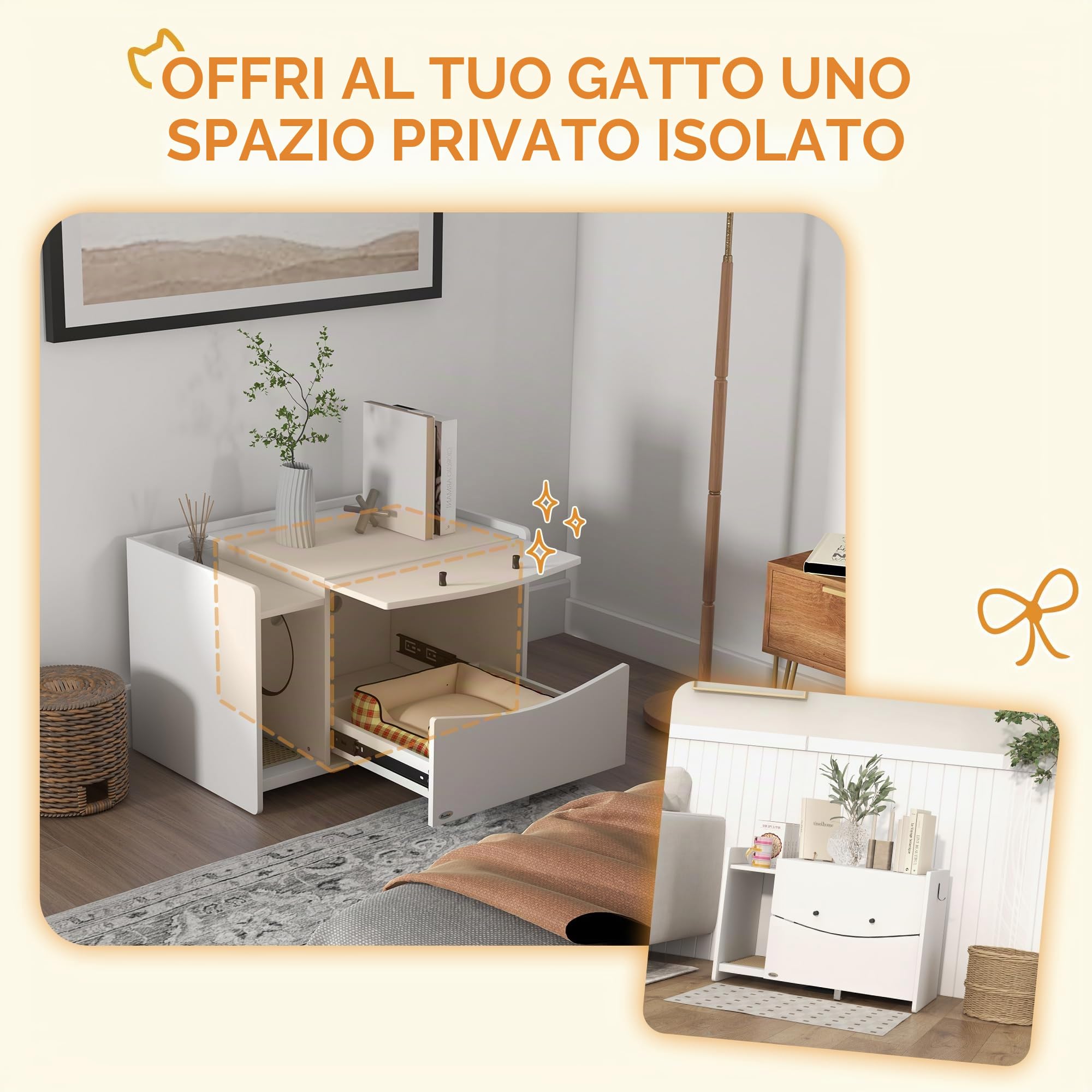 PawHut Casa da Letticcia Mobile per Gatto, Scomparto Scorrevole, 2 Fori di Ventilazione, Tappetino per Perdite di Sabbia, Bianco