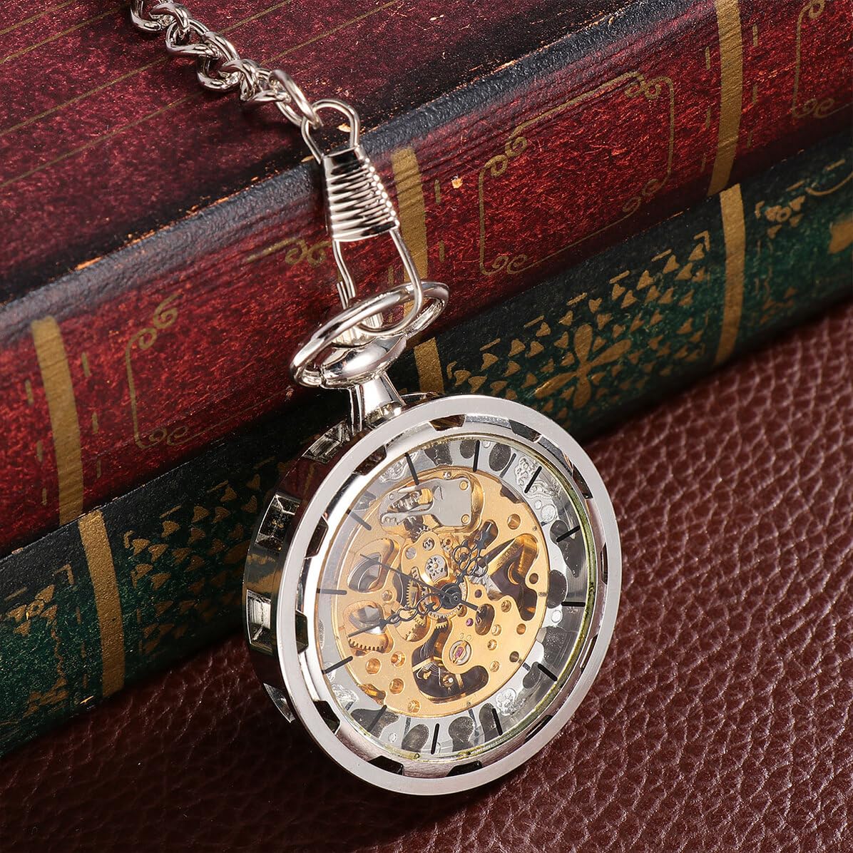 GALPADA Reloj de Bolsillo Mecánico Manual Vintage Hueco, Aleación Plateada, Cadena, para Hombre y Mujer, Uso Diario