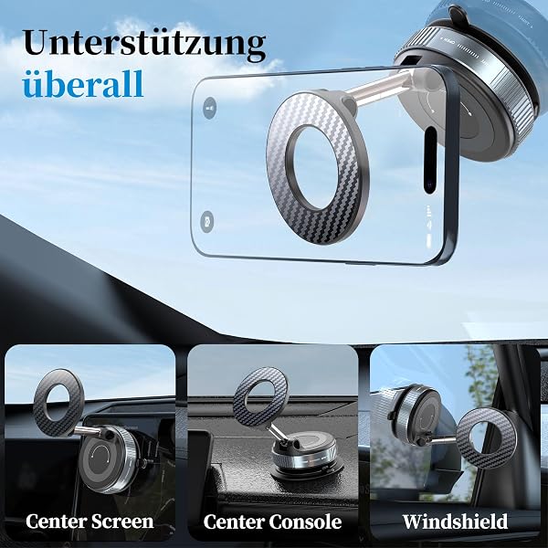 PlusAcc Vakuum Handyhalterung Auto für Magsafe - 360° Drehbar Zusammenklappbar Tragbar Magnetisch Handy Halter für 17/16/15/14/13/12 an Windschutzscheibe/Armaturenbrett/Spiegel befestigt - 3