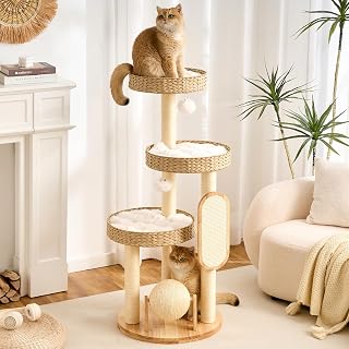 797Audio 대형 고양이를 위한 우드 모던 캣트리, 스크래치 기둥이 있는 119.4cm(47인치) 캣타워, 스크래치 볼, 고양이 침대, 실내 고양이용 손으로 짠 고리버들 라탄이 있는 미적 다층 고양이 등반 나무