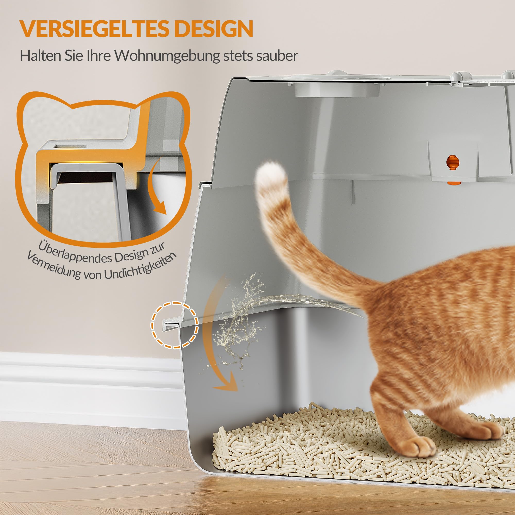 Edelstahl Katzenklo mit Deckel XXL, 61 x 41 x 40 cm, Hellgrau | Geschlossene Katzentoilette, 180°Klappdeckel, Inklusive Pedal und Schaufel, Leicht zu Reinigen, Modulares Design FPLB203SG1