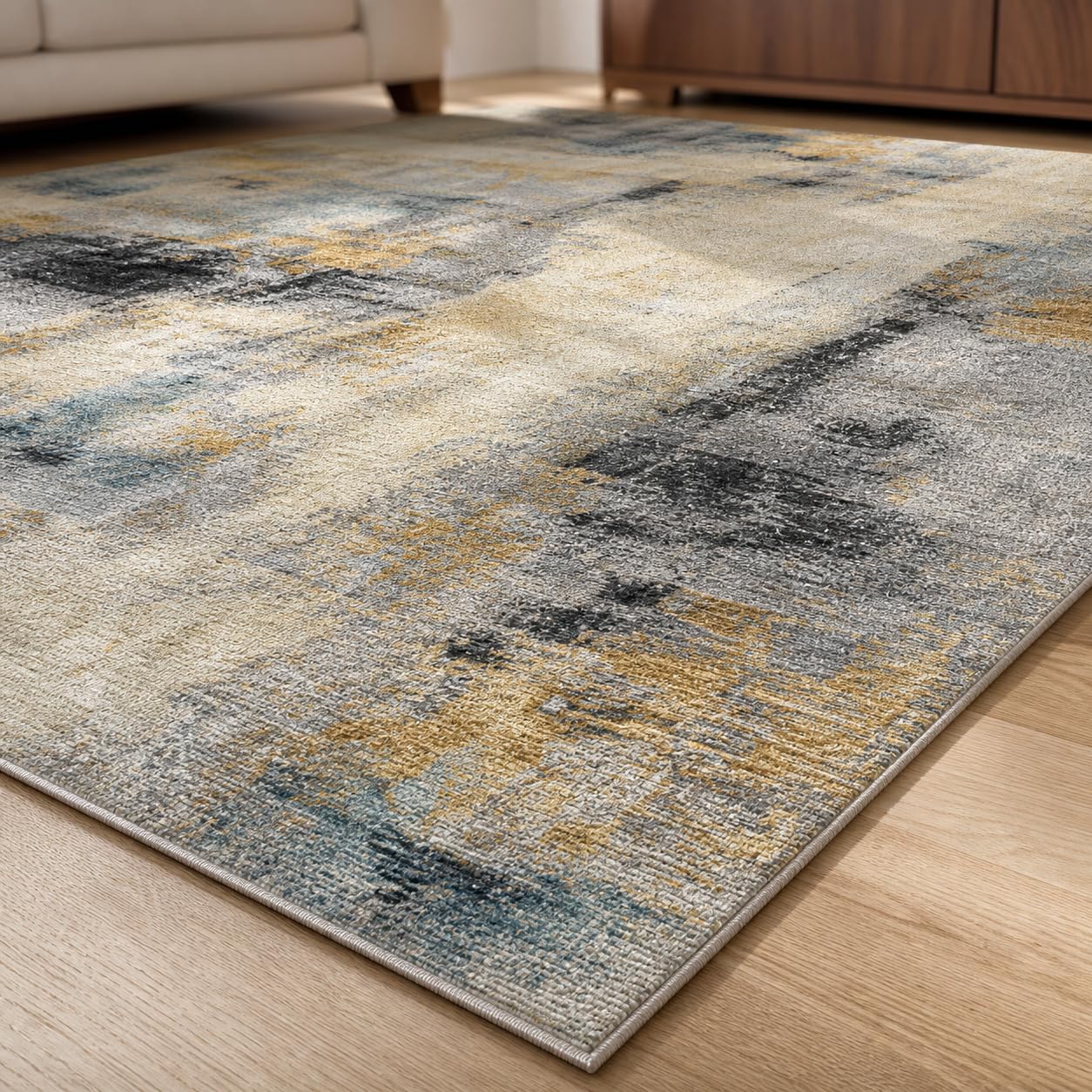 Tappeto Salotto Moderno Astratto Beige, Grigio, Oro e Nero, Lavabile in Lavatrice e Antiscivolo TPR, Pelo Corto Morbido per Soggiorno e Camera da Letto (200 x 300 cm)
