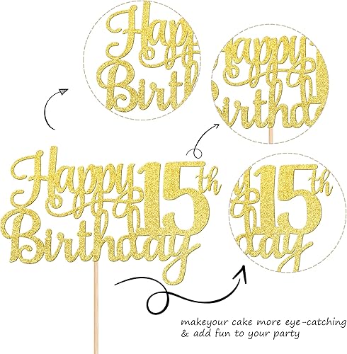 Miniatura 3 de 1 decoración de pastel de feliz cumpleaños número 15 con purpurina dorada para cumpleaños de 15 años, decoración de pastel de cumpleaños de 15 años,